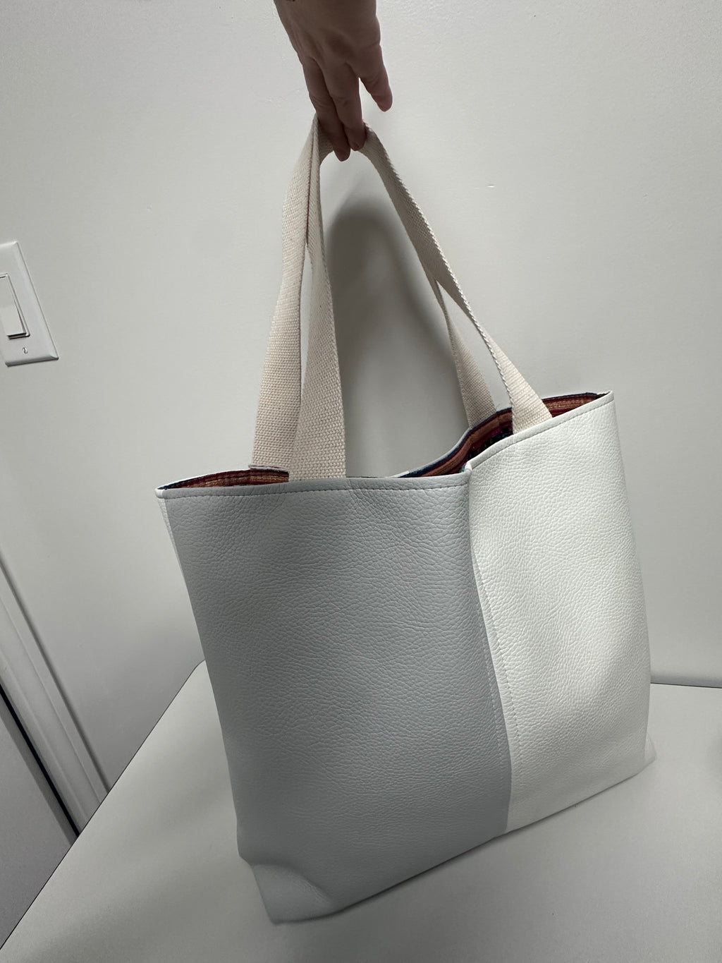 Minimalist White And Grey Tote Bag - Everyday Handmade Faux Leather Carryall