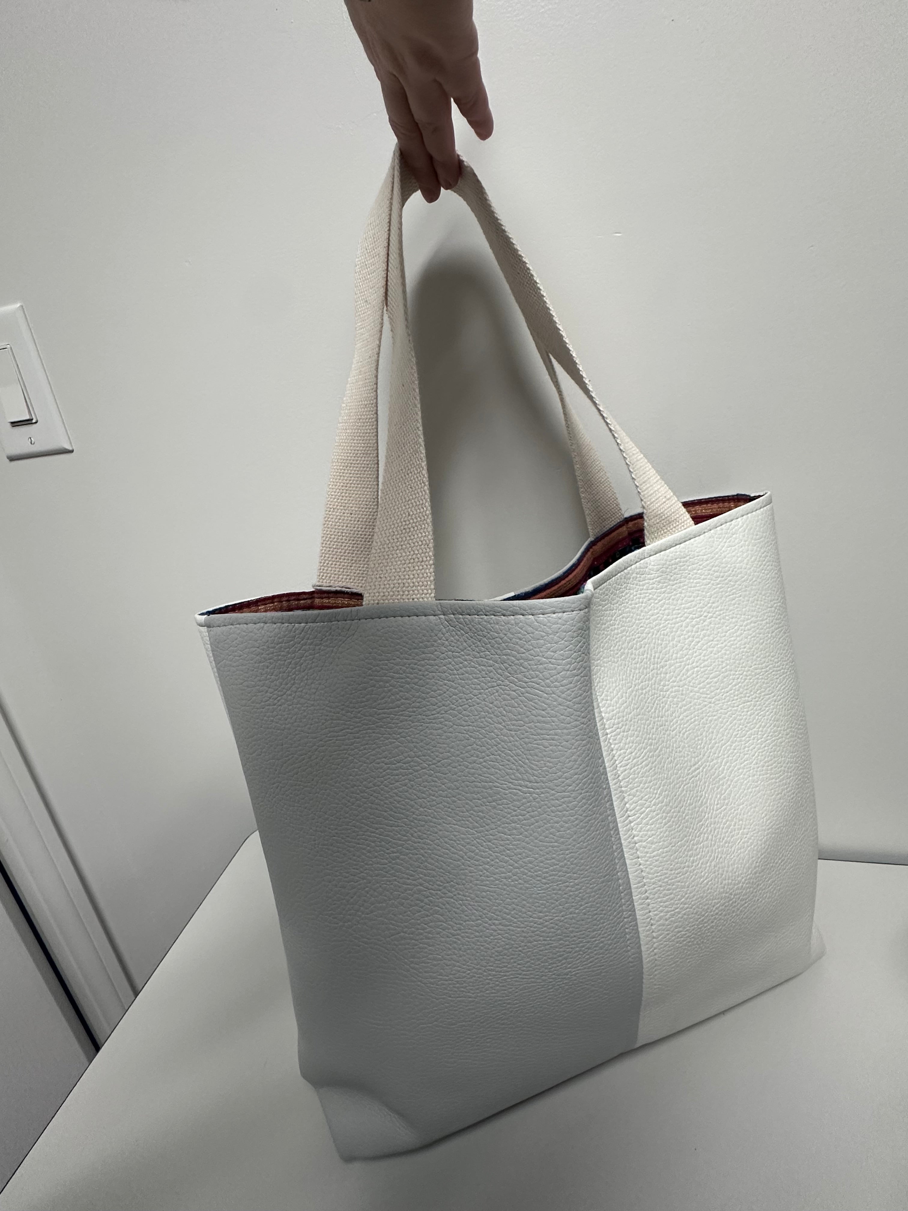 Minimalist White And Grey Tote Bag - Everyday Handmade Faux Leather Carryall