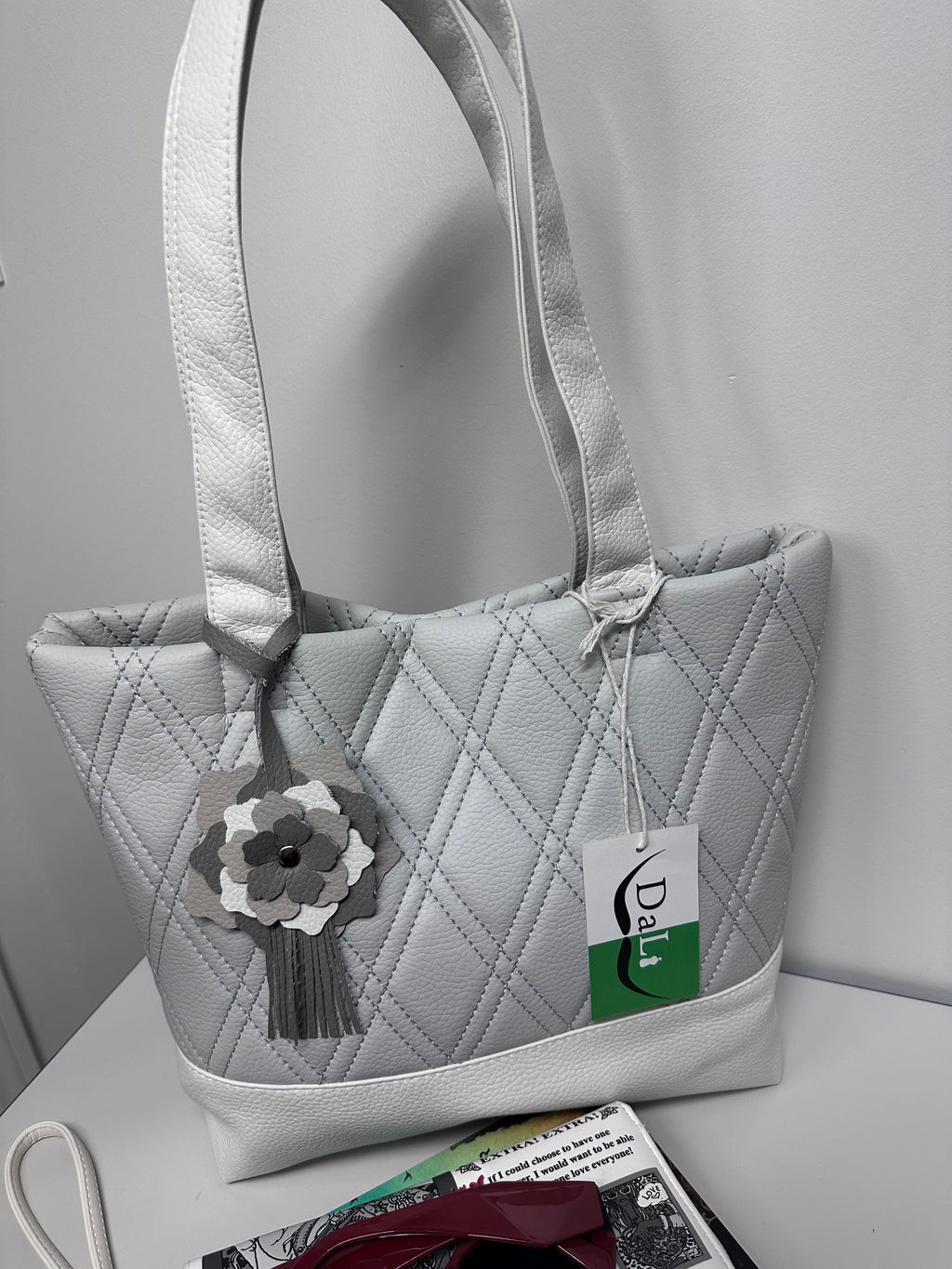 Handmade Quilted Tote Bag - White and Grey