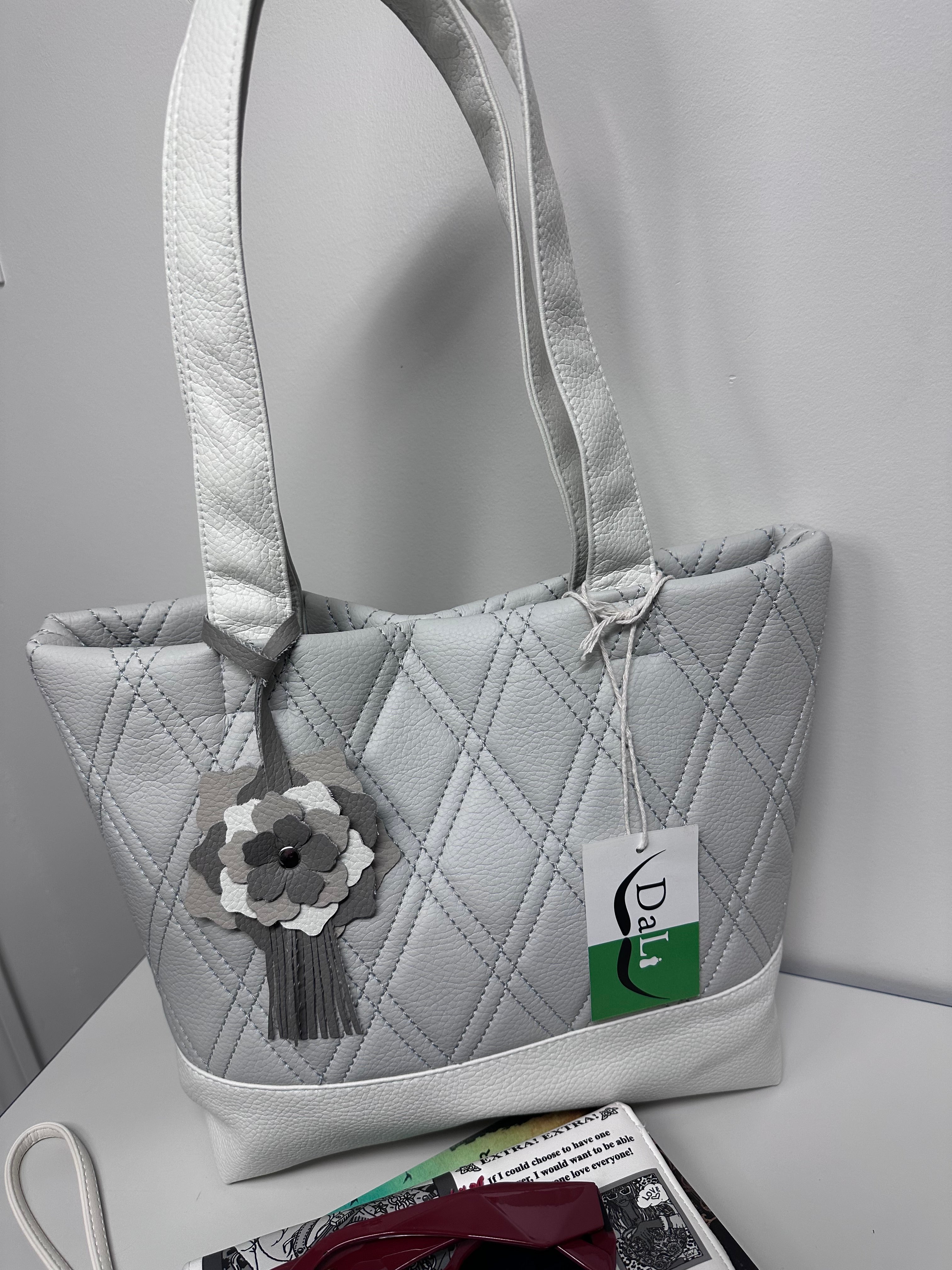 Handmade Quilted Tote Bag - White and Grey