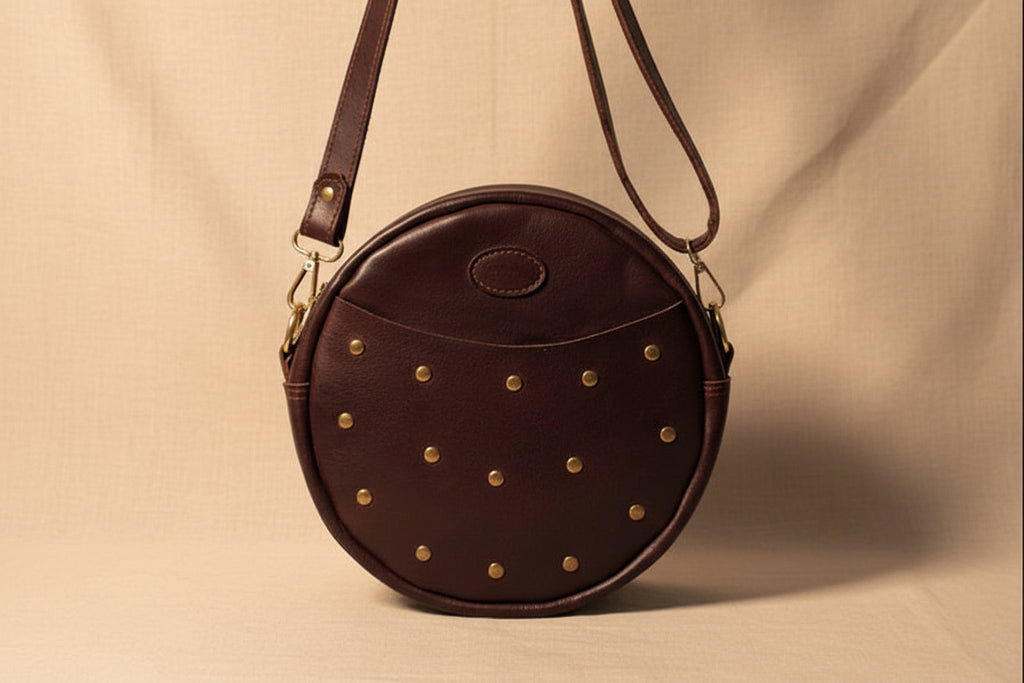 Handmade Genuine Leather Brown Studded Crossbody Bag