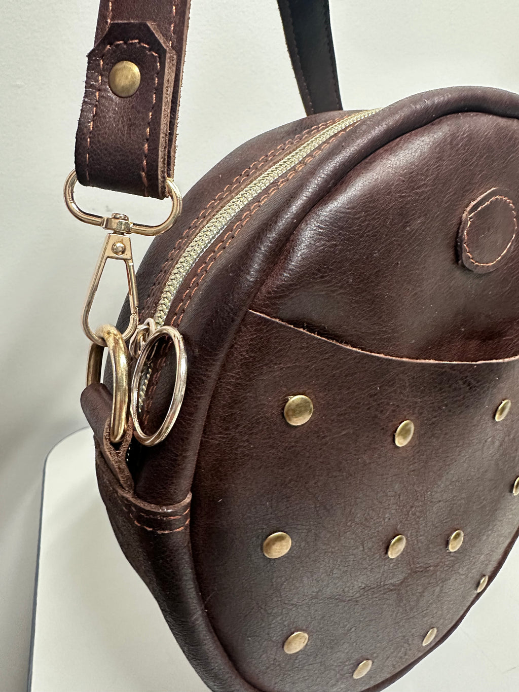 Handmade Genuine Leather Brown Studded Crossbody Bag