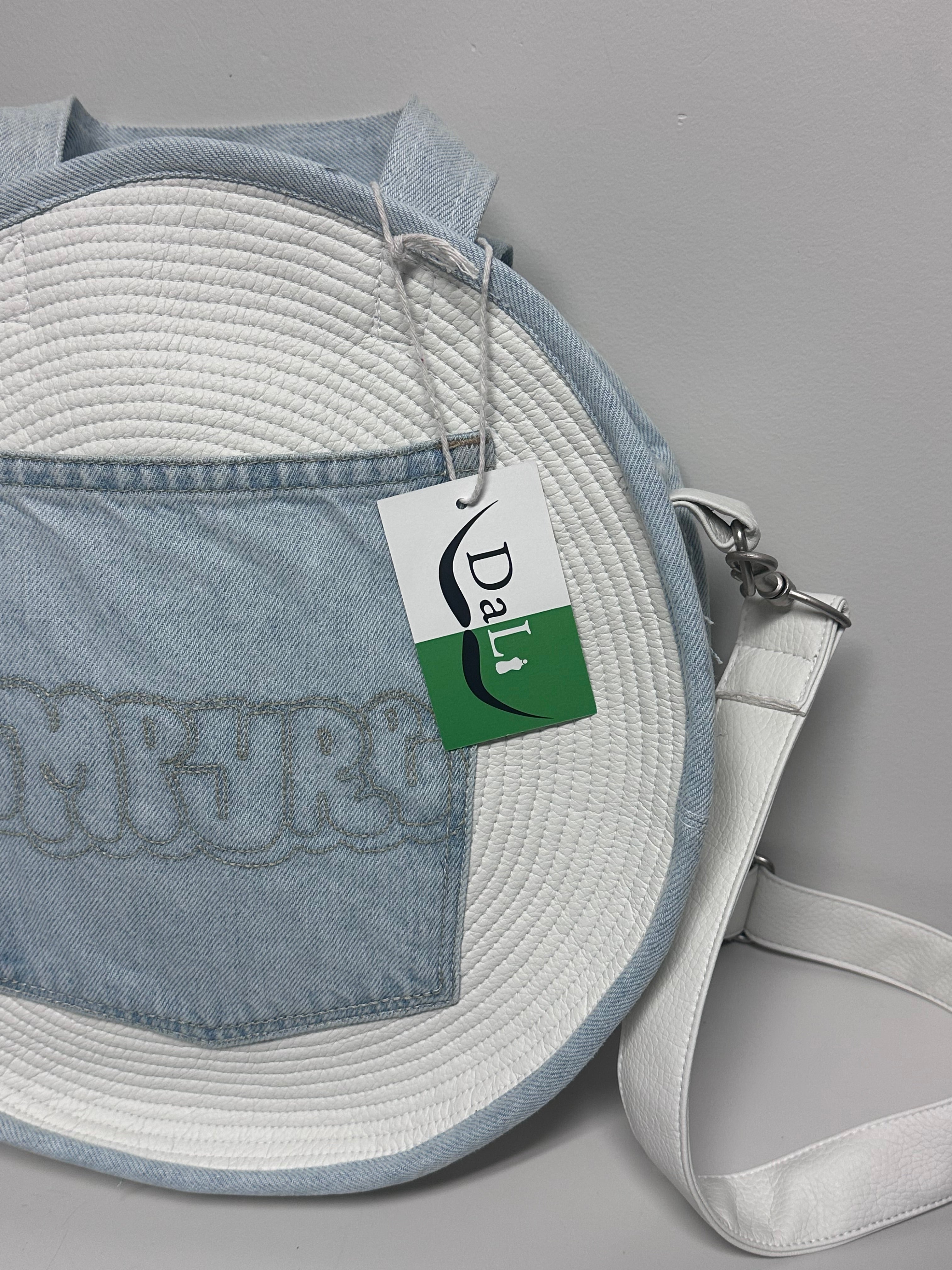 Handmade White and Denim Round Bag