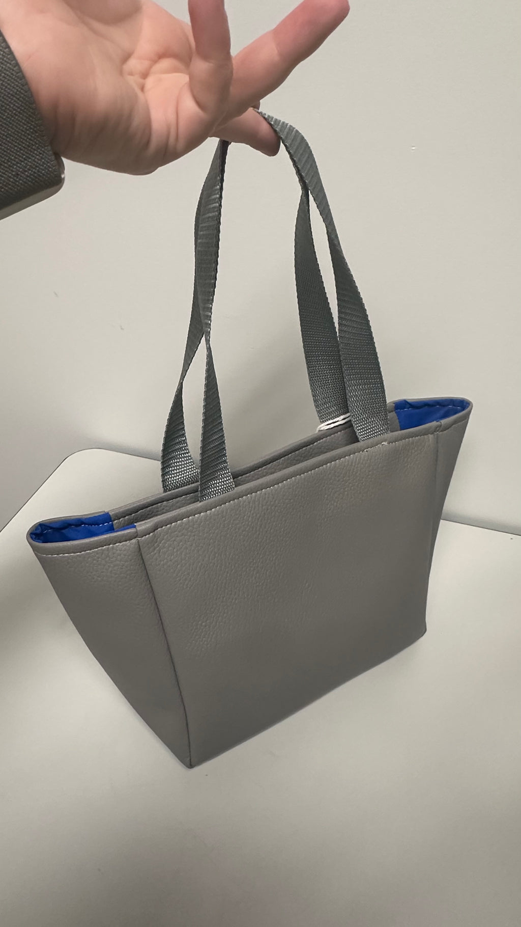 Gray tote bag with blue interior lining held by a hand on a light gray background