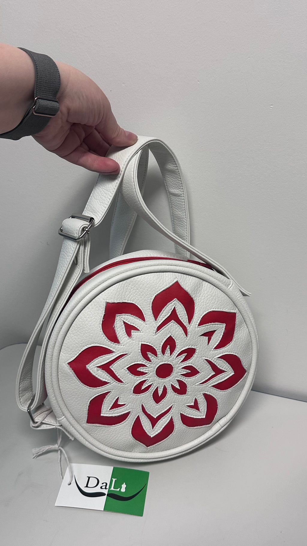 Handmade Round Crossbody Bag - White with Red Mandala Design