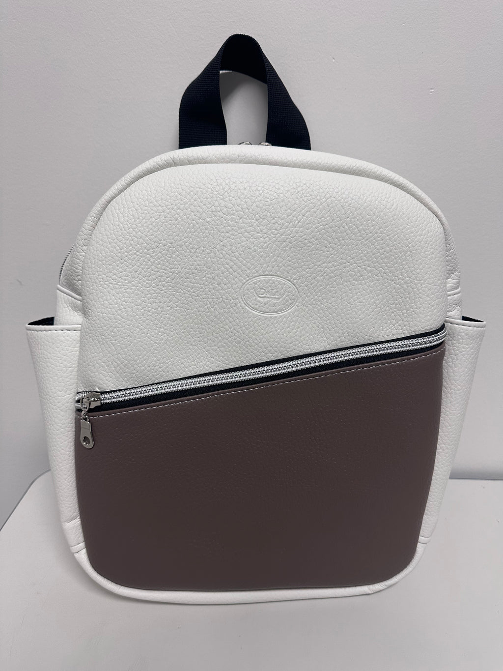 Handmade Faux Leather Backpack – Two-Tone Tan & White Minimalist Backpack with Tablet & Bottle Holder