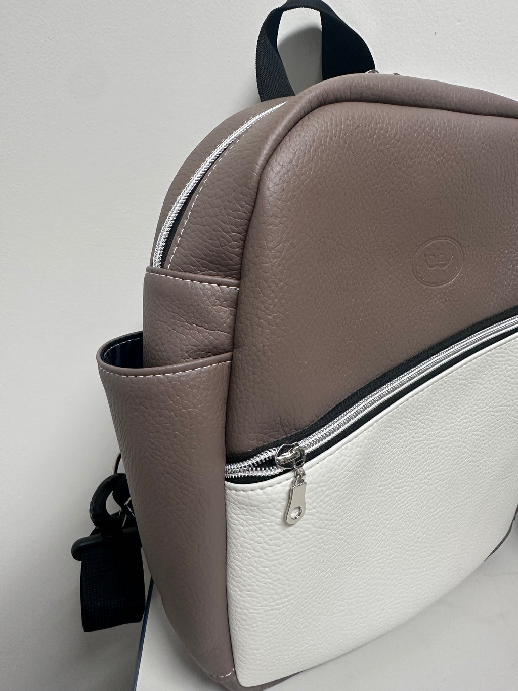 Handmade Faux Leather Backpack – Two-Tone Tan & White Minimalist Backpack with Tablet & Bottle Holder