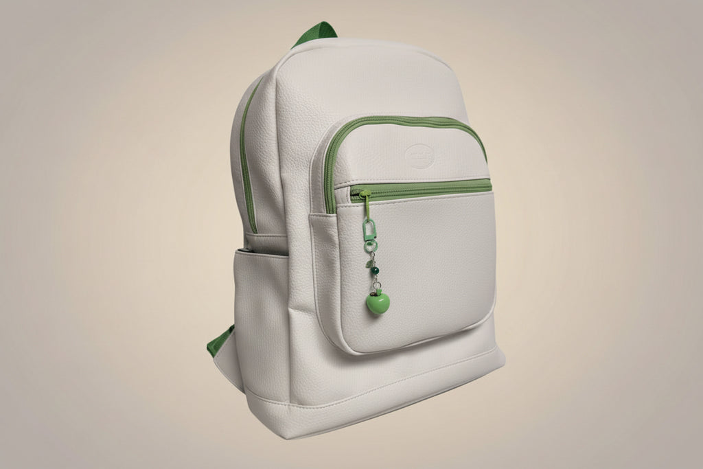 White backpack with green accents on a light gray background