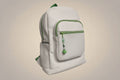 White backpack with green accents on a light gray background