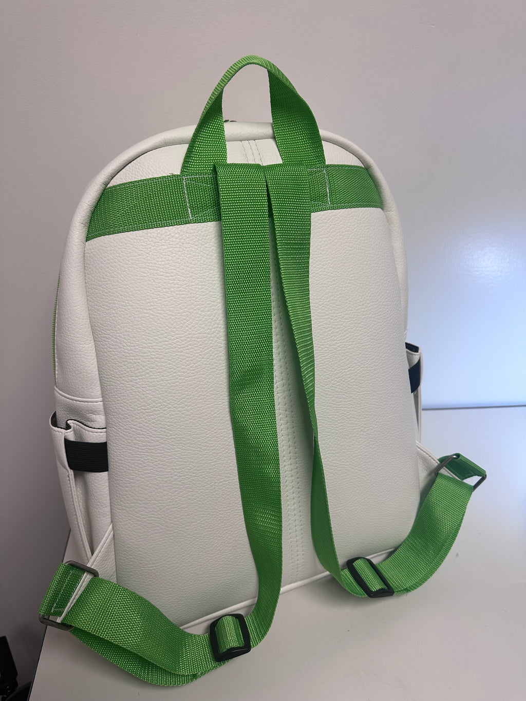 Handmade Large Backpack – White & Green Faux Leather Travel Backpack