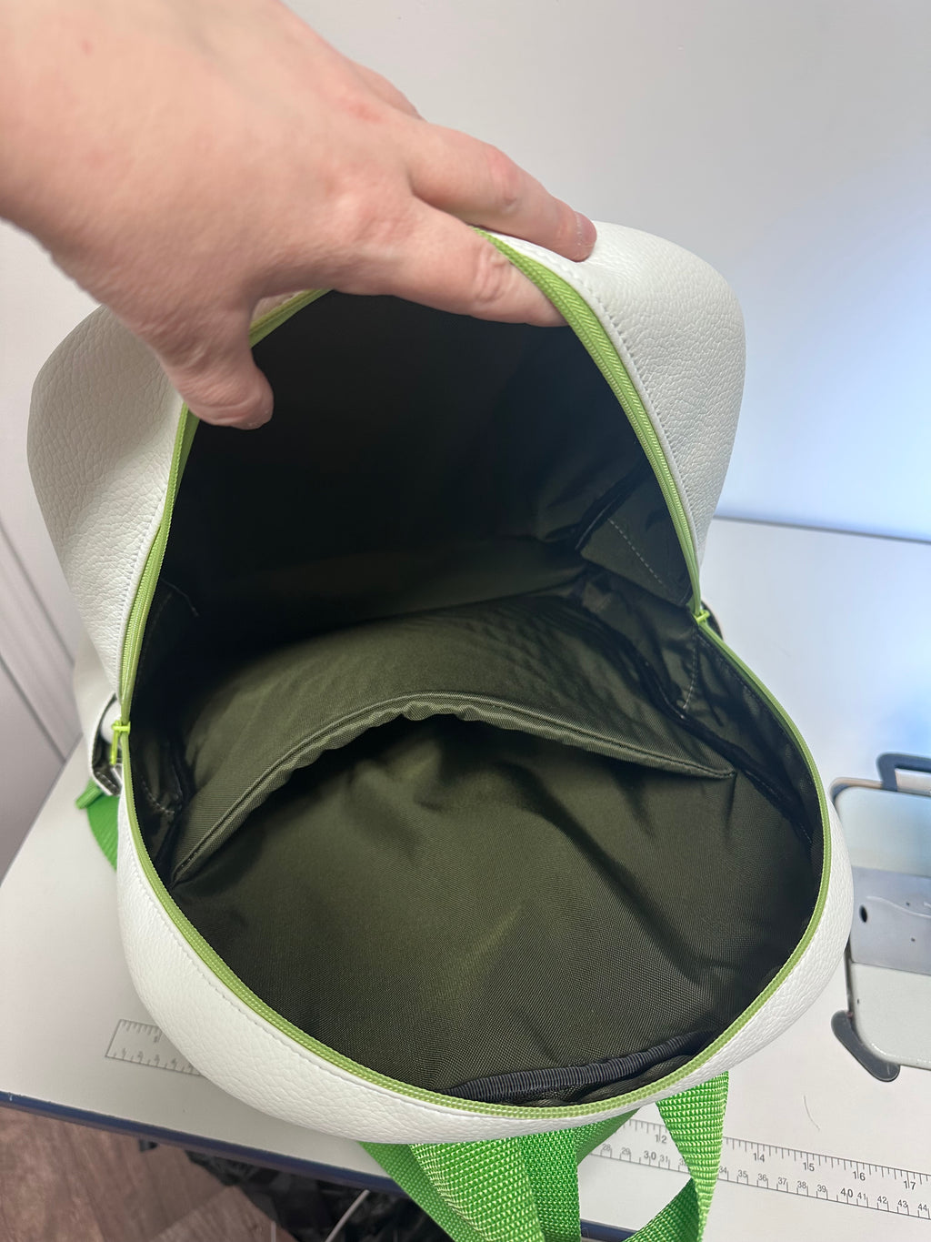 Handmade Large Backpack – White & Green Faux Leather Travel Backpack