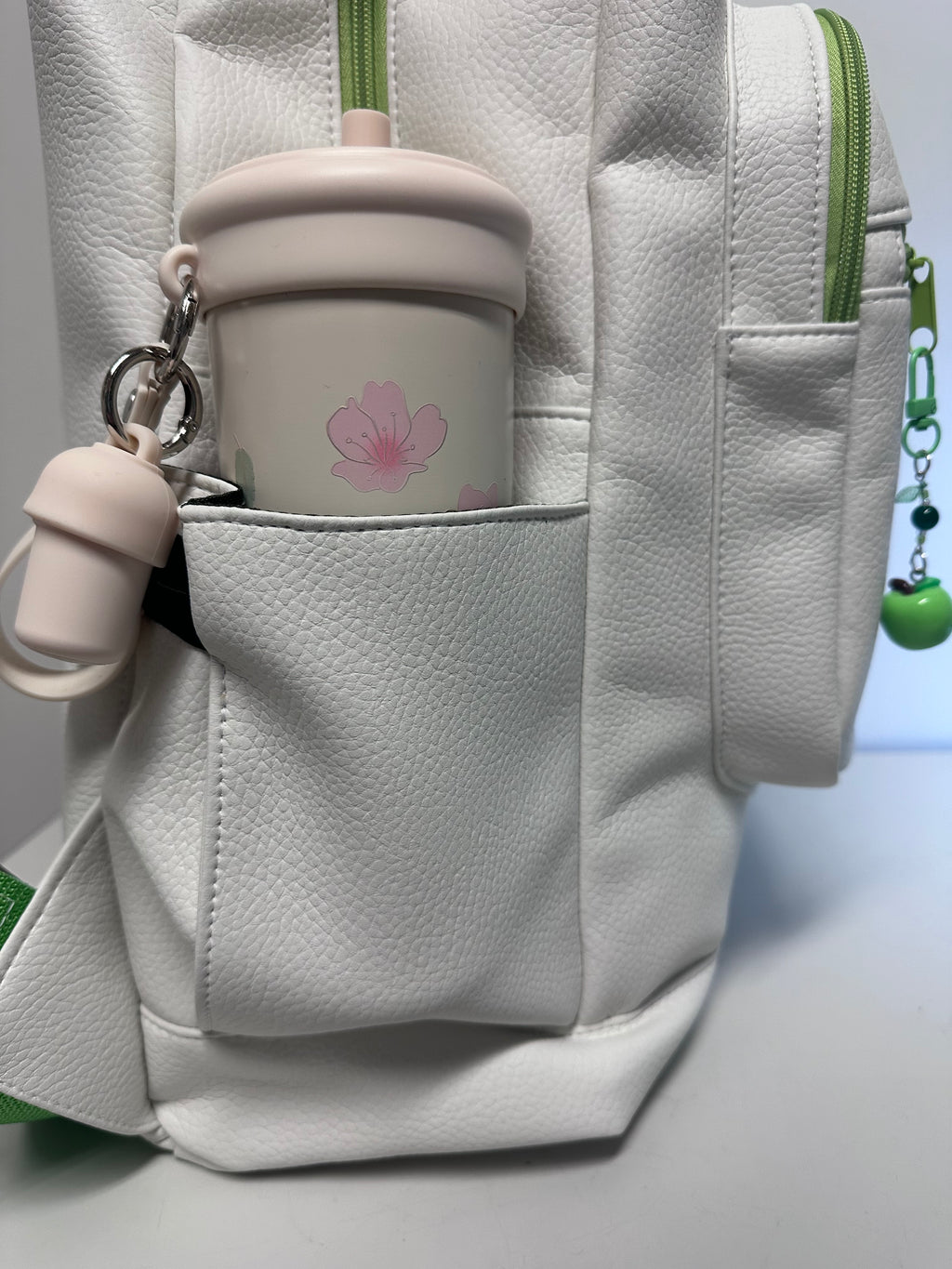 Handmade Large Backpack – White & Green Faux Leather Travel Backpack