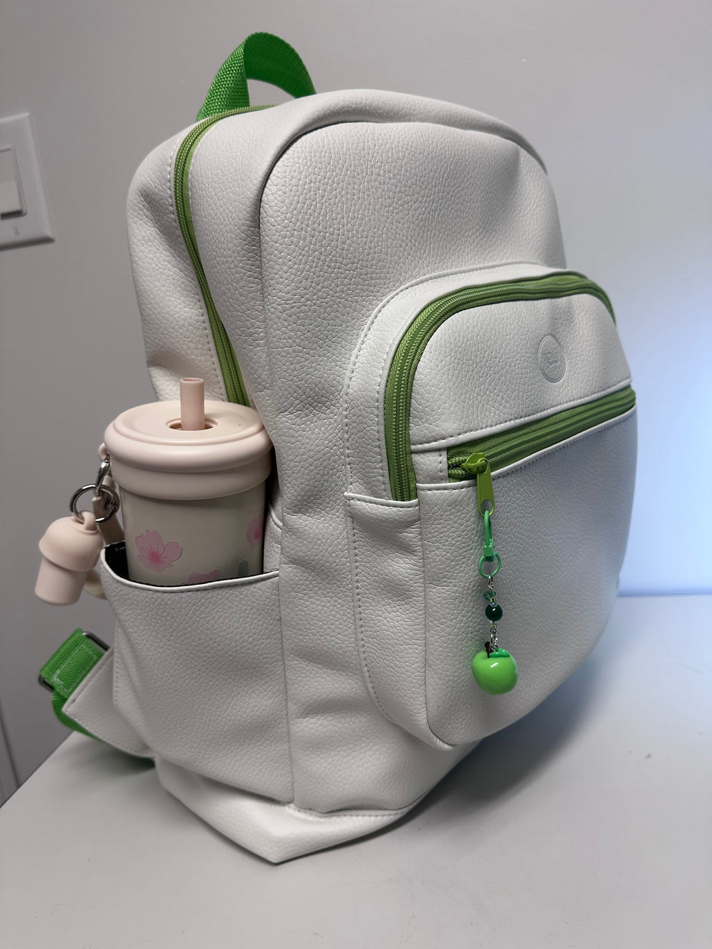 Handmade Large Backpack – White & Green Faux Leather Travel Backpack