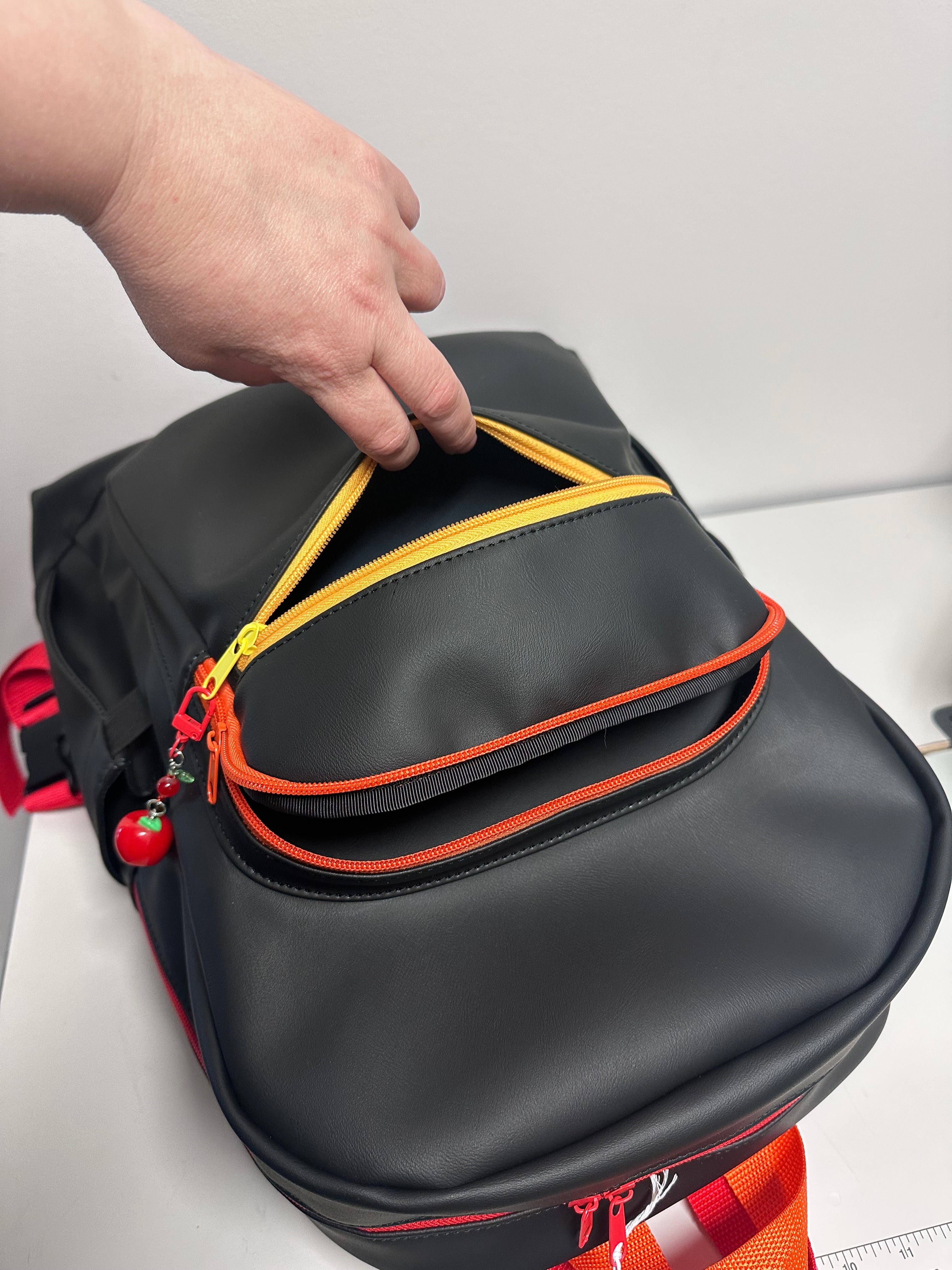 big black faux leather backpack Handmade Large Faux Leather Backpack – Black with Bright Color Accents