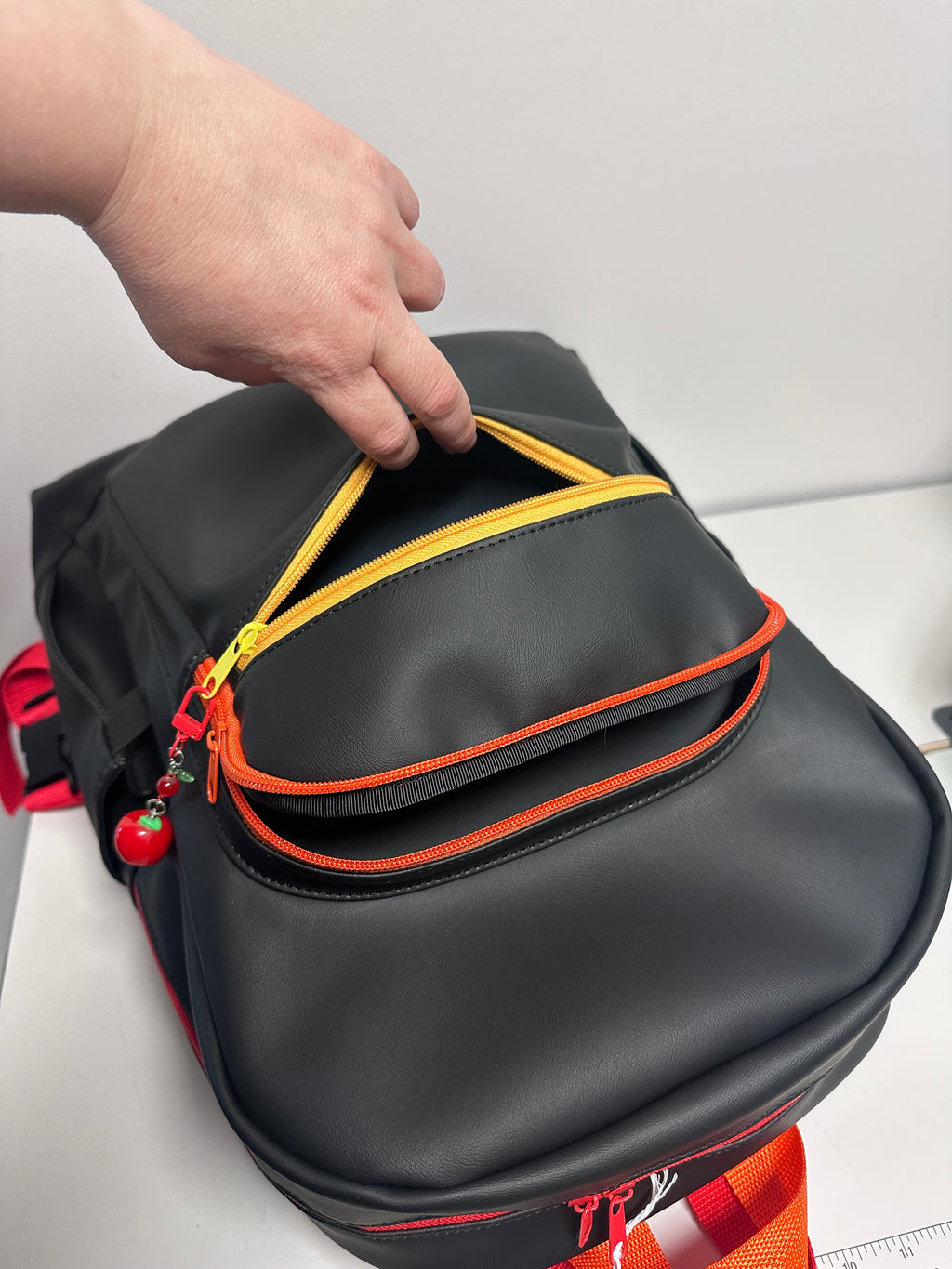 Handmade Large Faux Leather Backpack – Black with Bright Color Accents