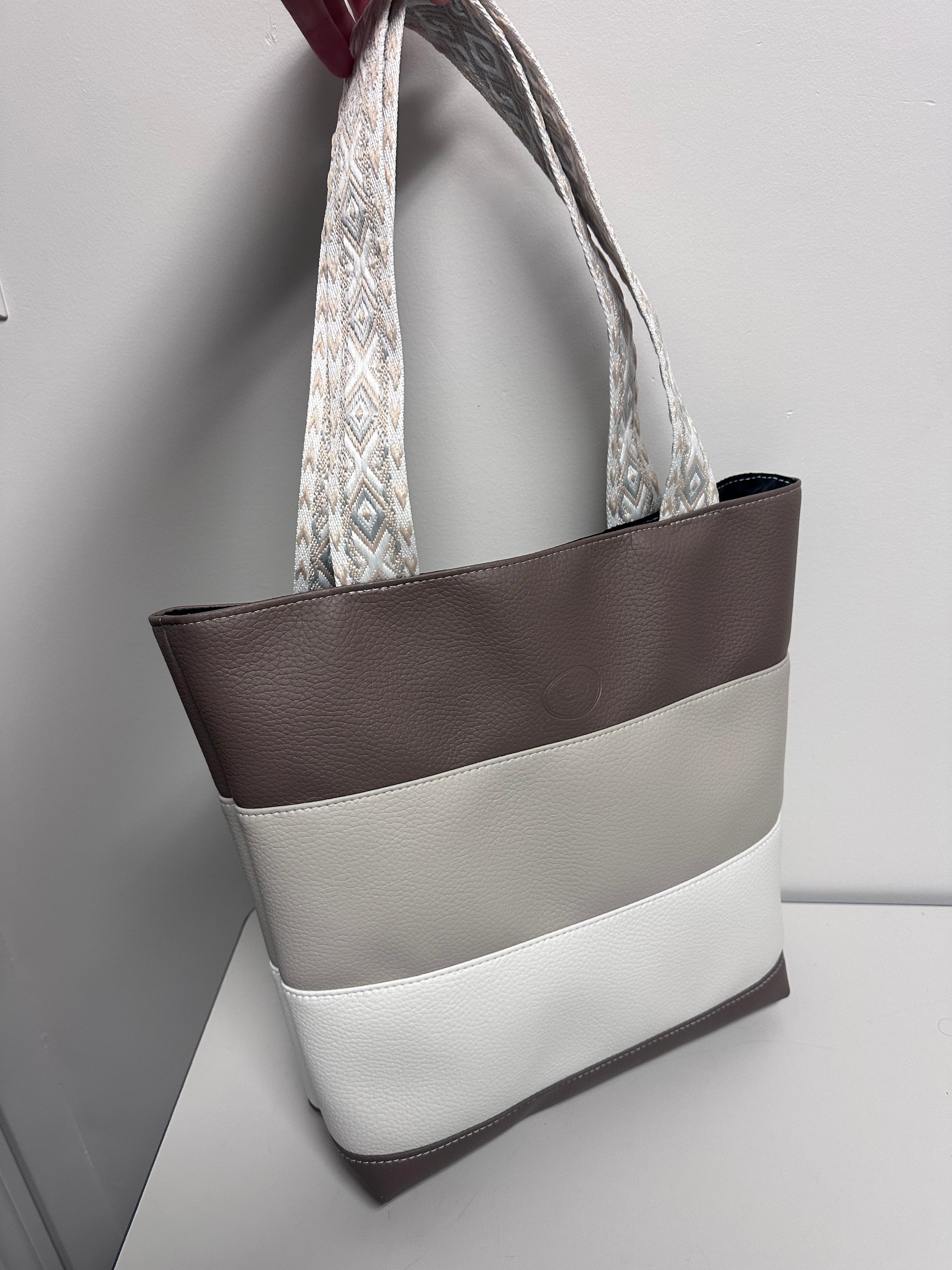 Handmade Faux Leather Tote Bag – Neutral Color Block
