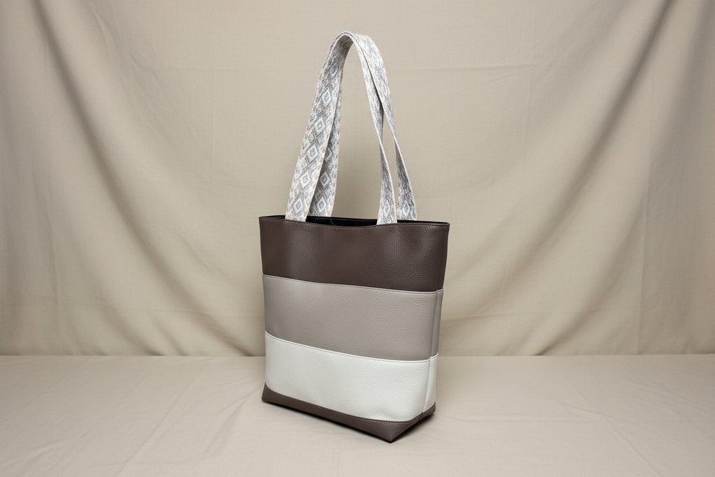 Handmade Faux Leather Tote Bag – Neutral Color Block