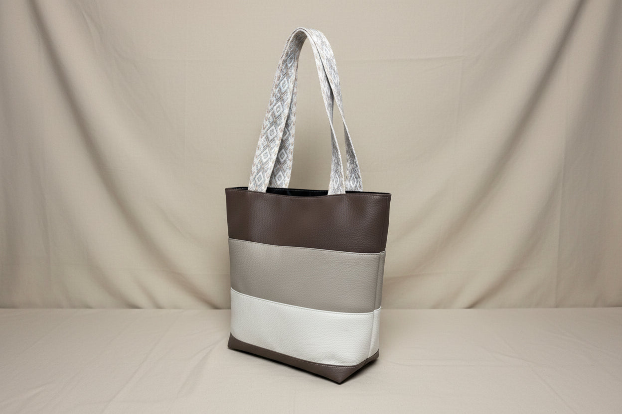 Handmade Faux Leather Tote Bag – Neutral Color Block