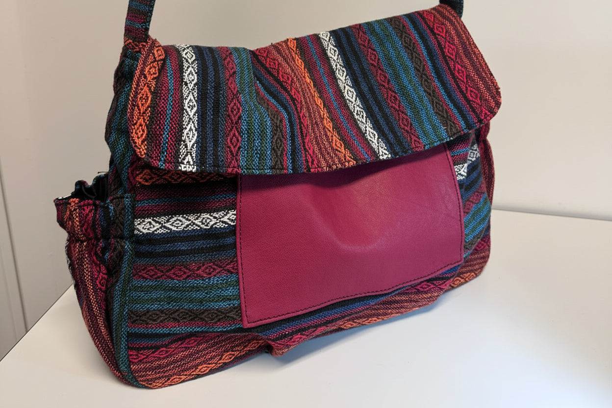 Handmade Boho Messenger Bag with Genuine Leather Pocket
