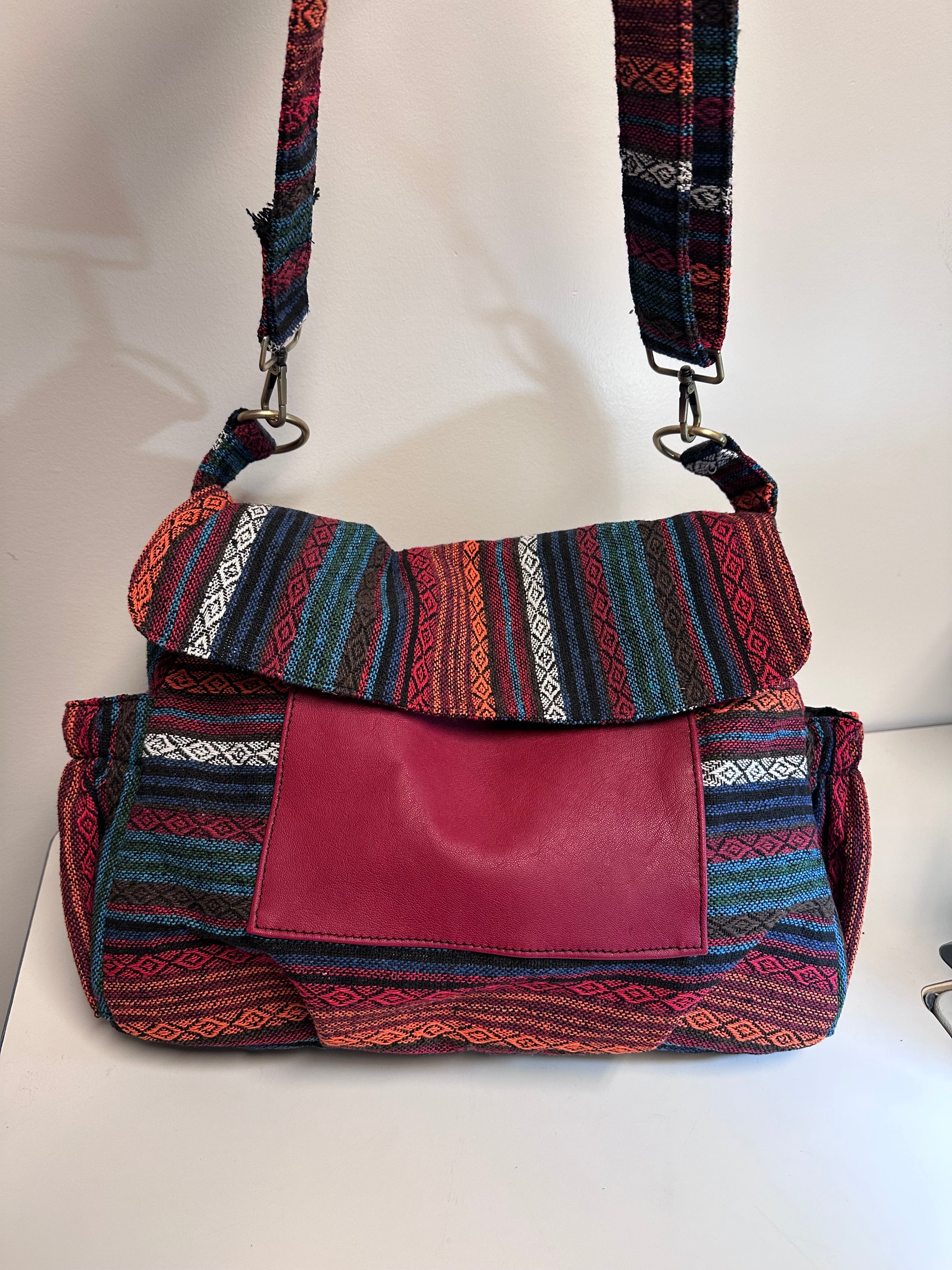 Handmade Boho Messenger Bag with Genuine Leather Pocket