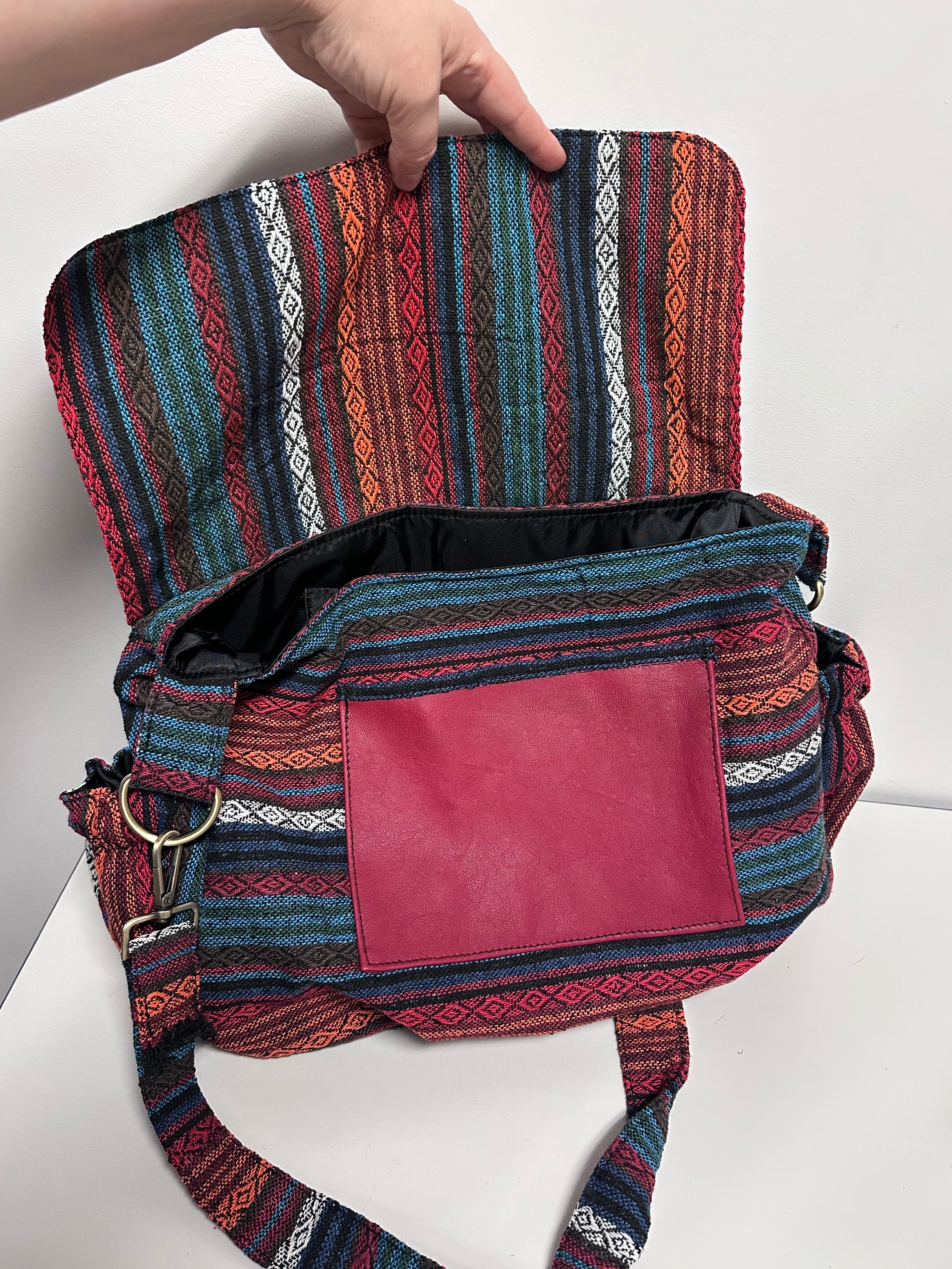 Handmade Boho Messenger Bag with Genuine Leather Pocket