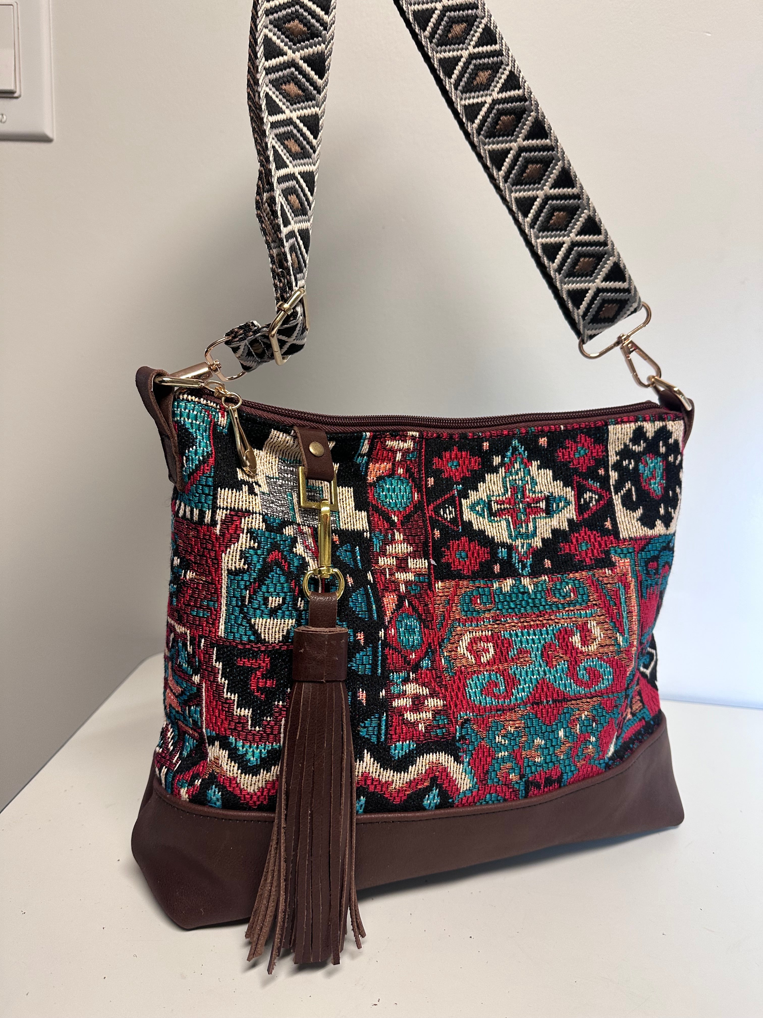 Boho Tapestry Crossbody Bag – Burgundy & Turquoise Patchwork