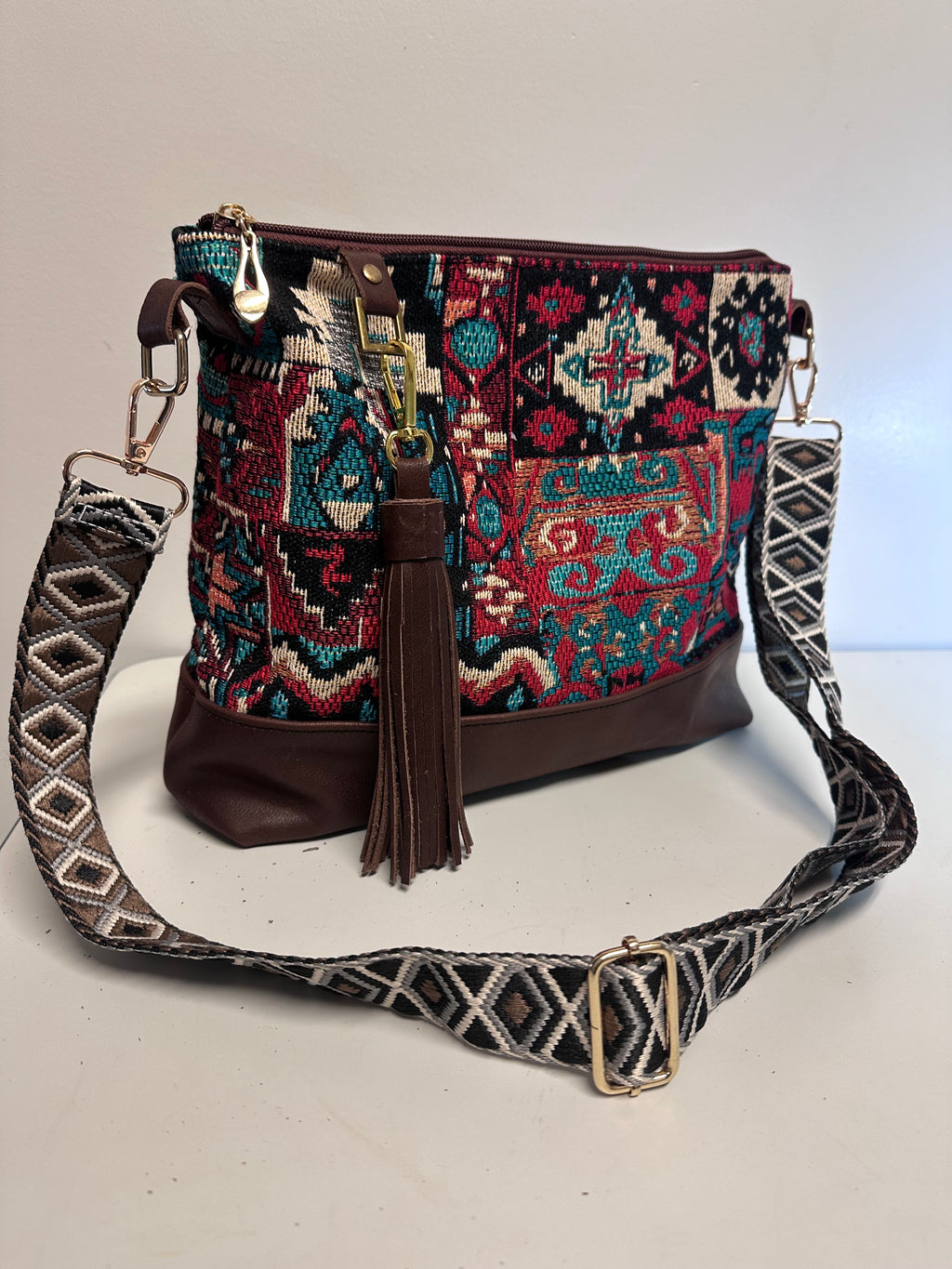 Boho Tapestry Crossbody Bag – Burgundy & Turquoise Patchwork