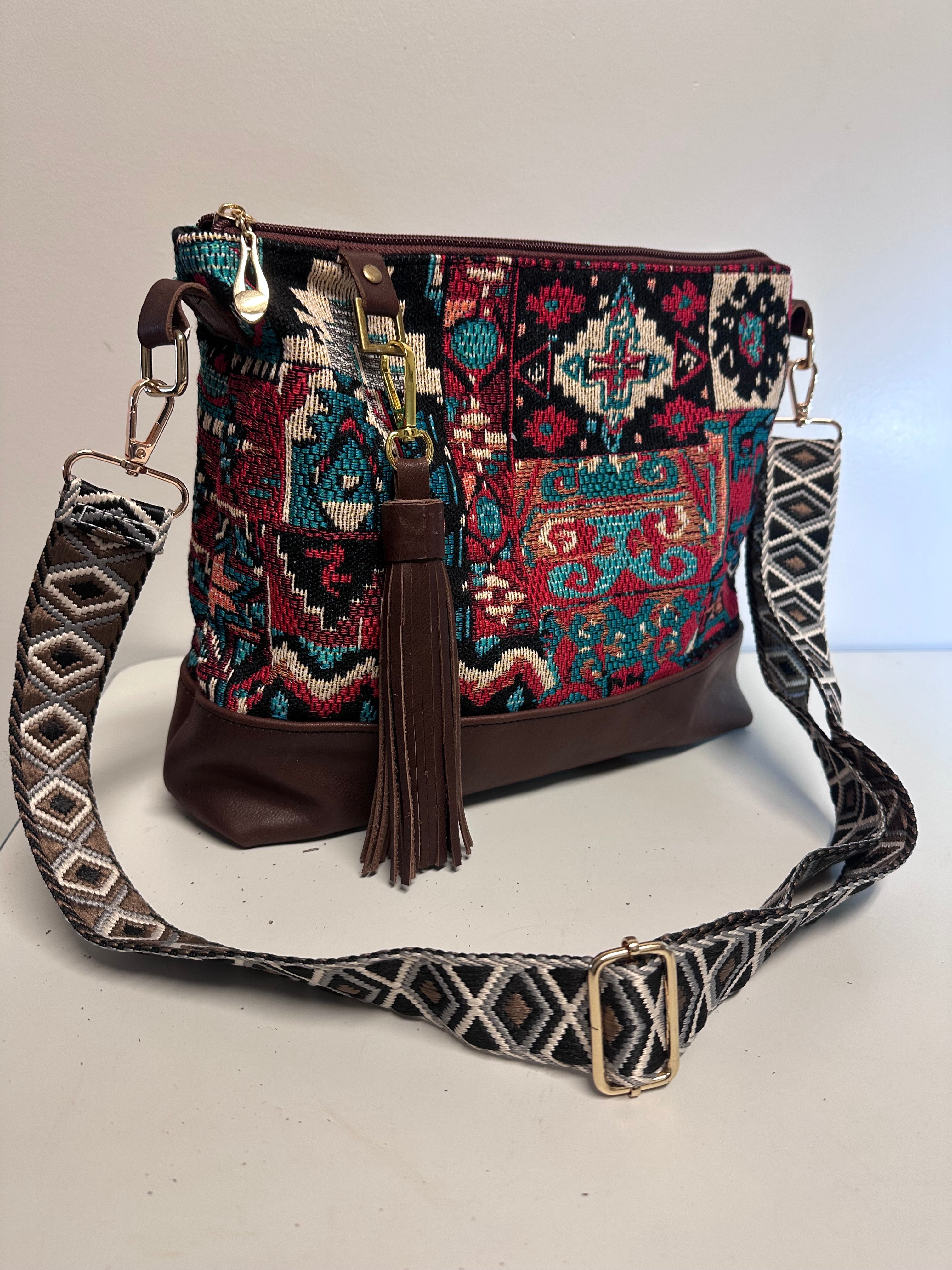 Boho Tapestry Crossbody Bag – Burgundy & Turquoise Patchwork