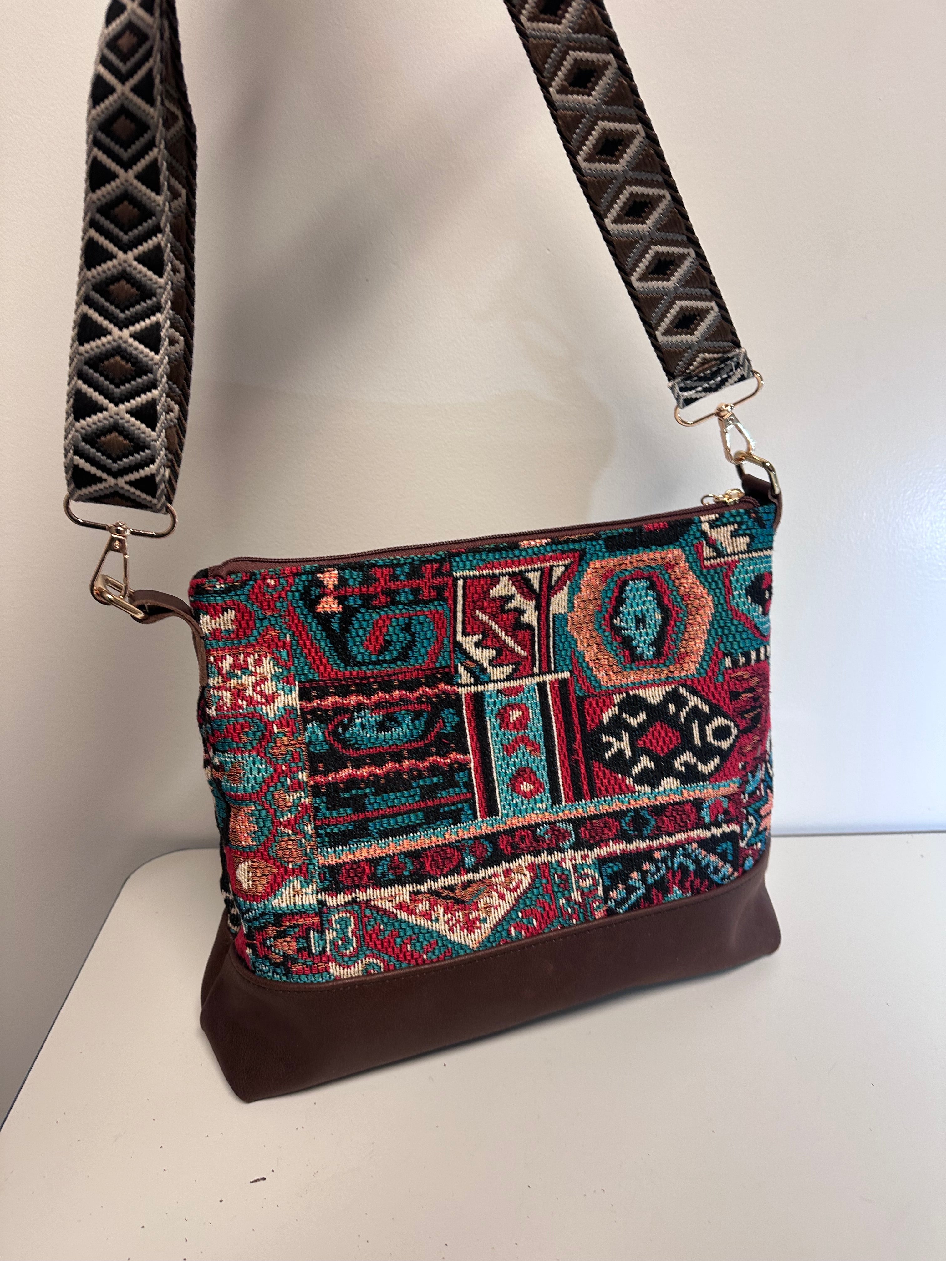 Boho Tapestry Crossbody Bag – Burgundy & Turquoise Patchwork
