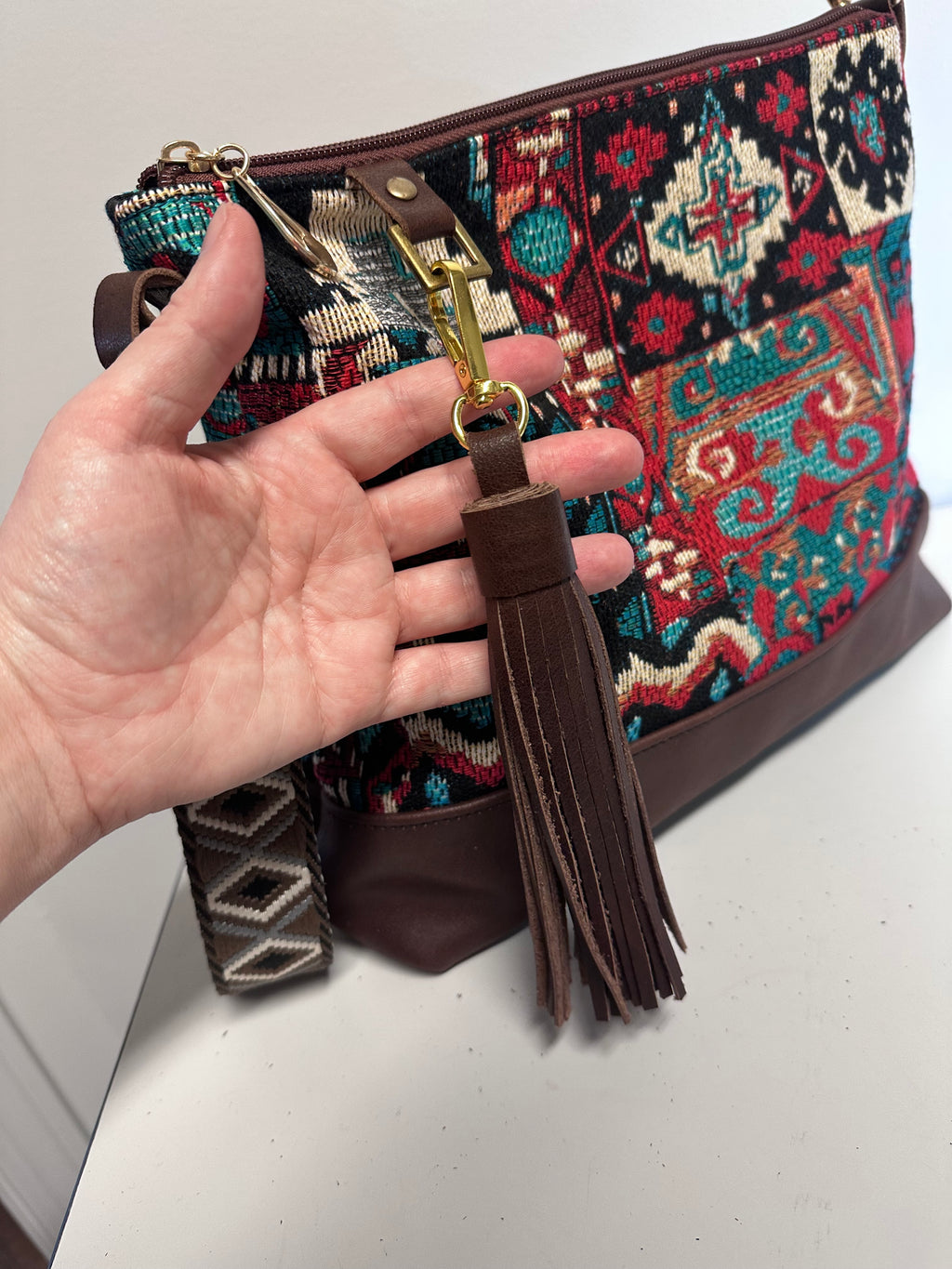 Boho Tapestry Crossbody Bag – Burgundy & Turquoise Patchwork