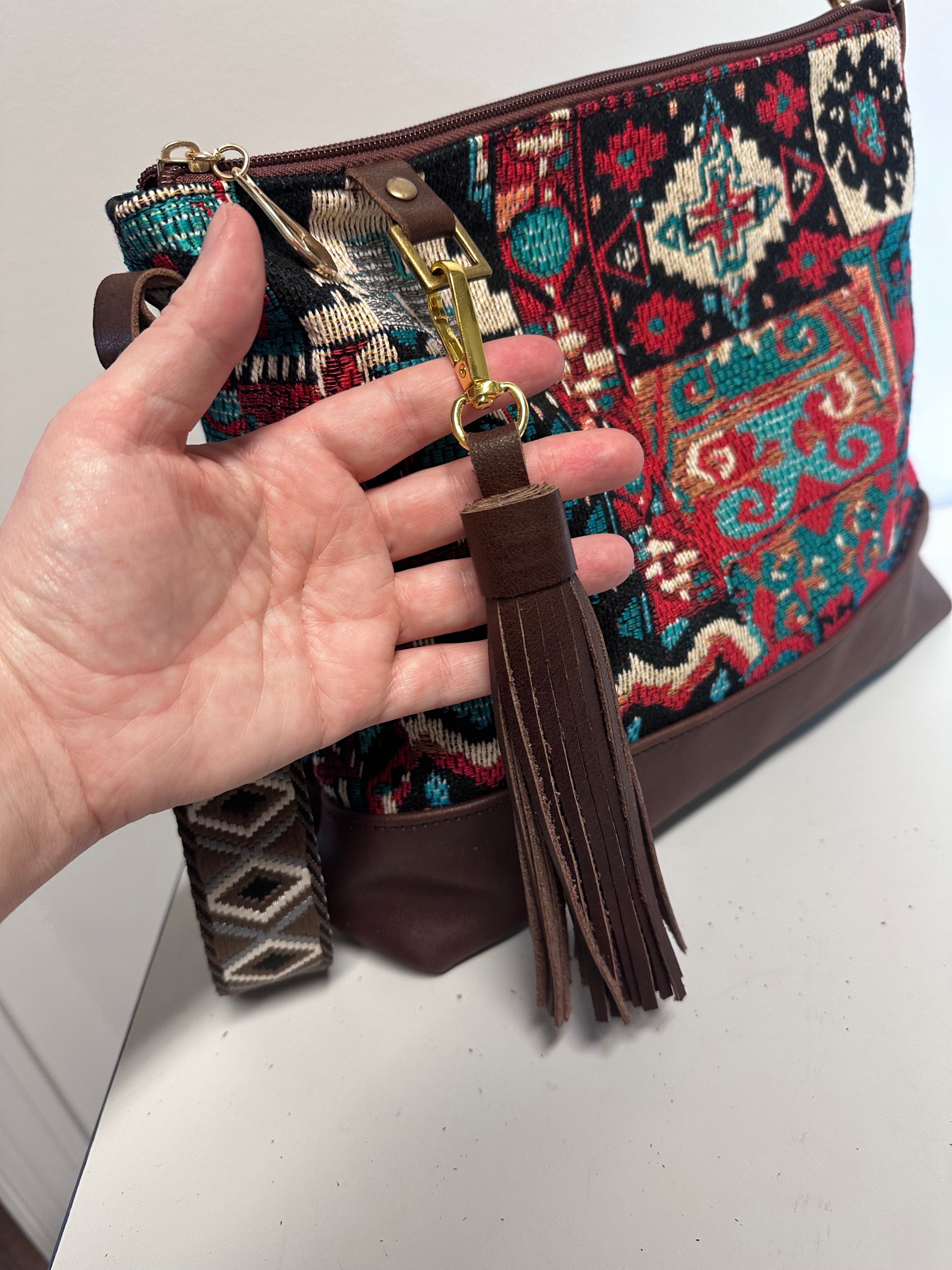 Boho Tapestry Crossbody Bag – Burgundy & Turquoise Patchwork