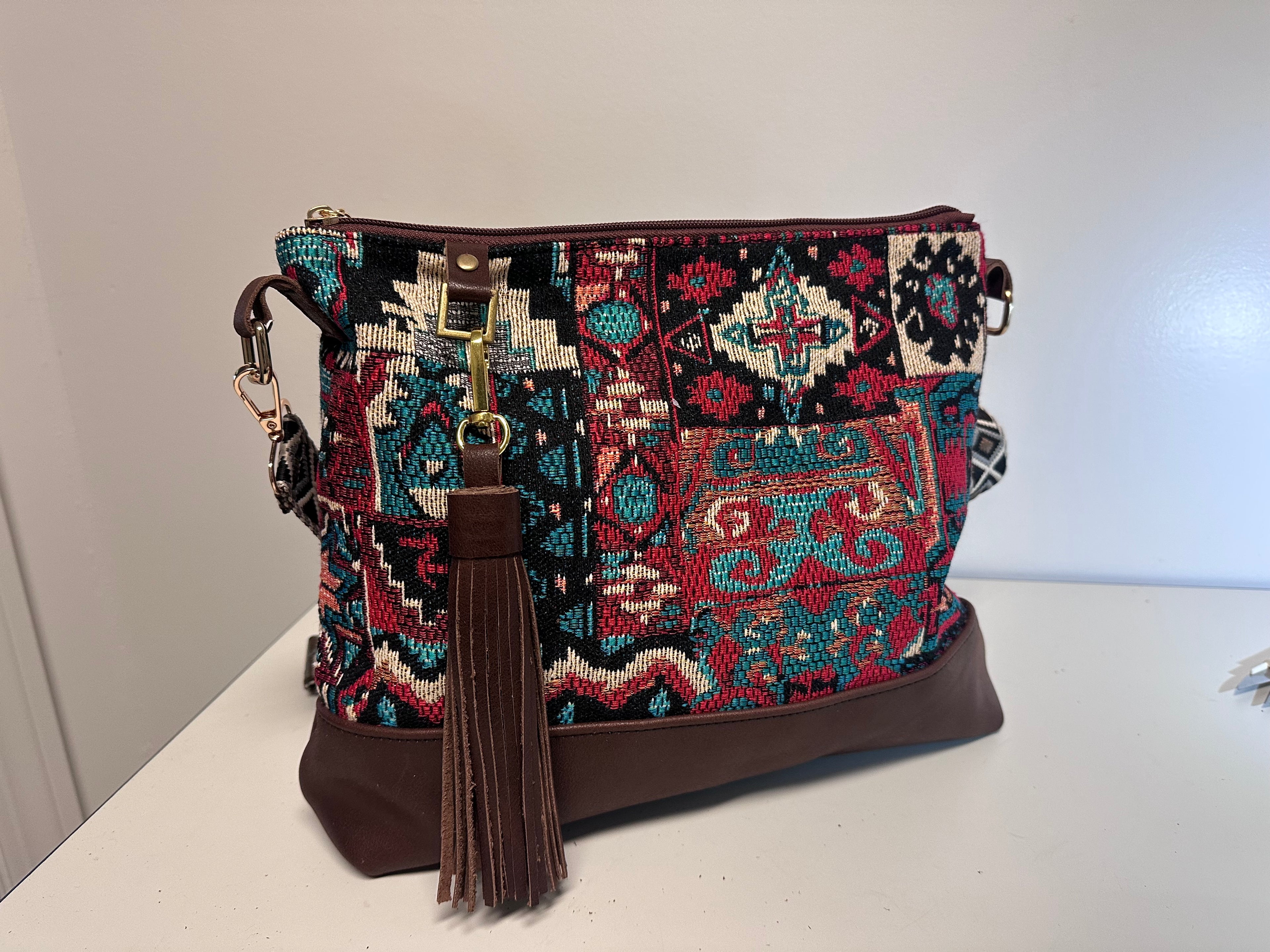 Boho Tapestry Crossbody Bag – Burgundy & Turquoise Patchwork