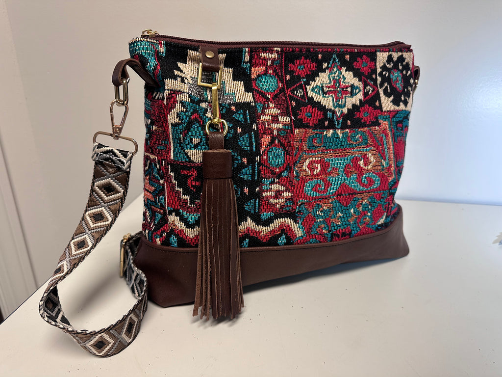 Boho Tapestry Crossbody Bag – Burgundy & Turquoise Patchwork