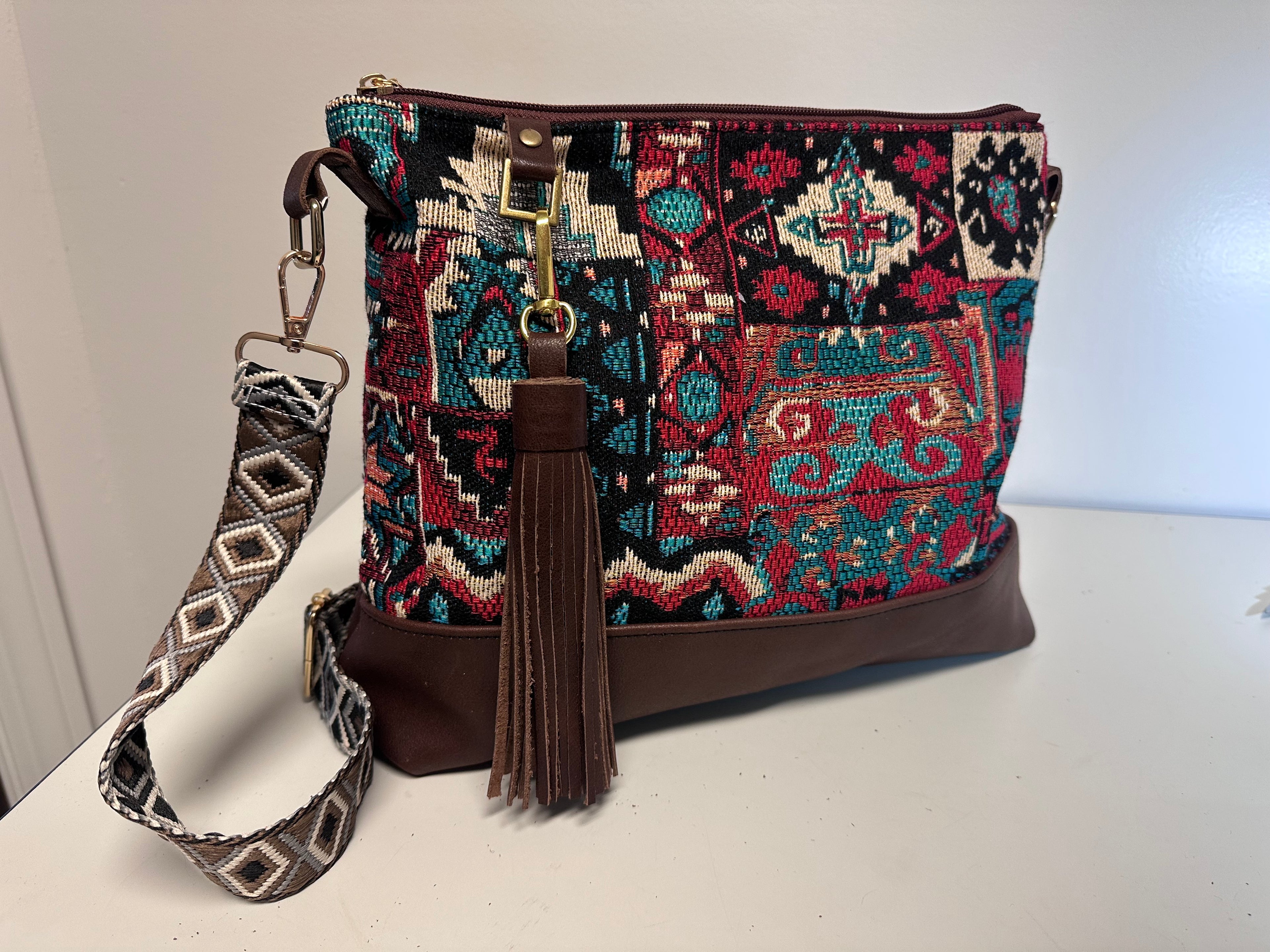 Boho Tapestry Crossbody Bag – Burgundy & Turquoise Patchwork