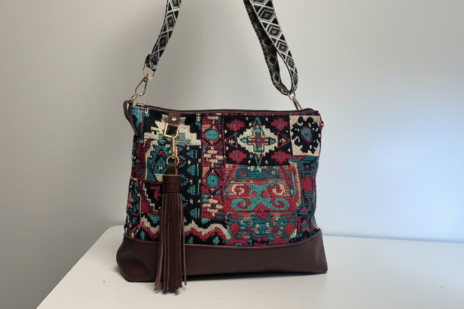 Boho Tapestry Crossbody Bag – Burgundy & Turquoise Patchwork