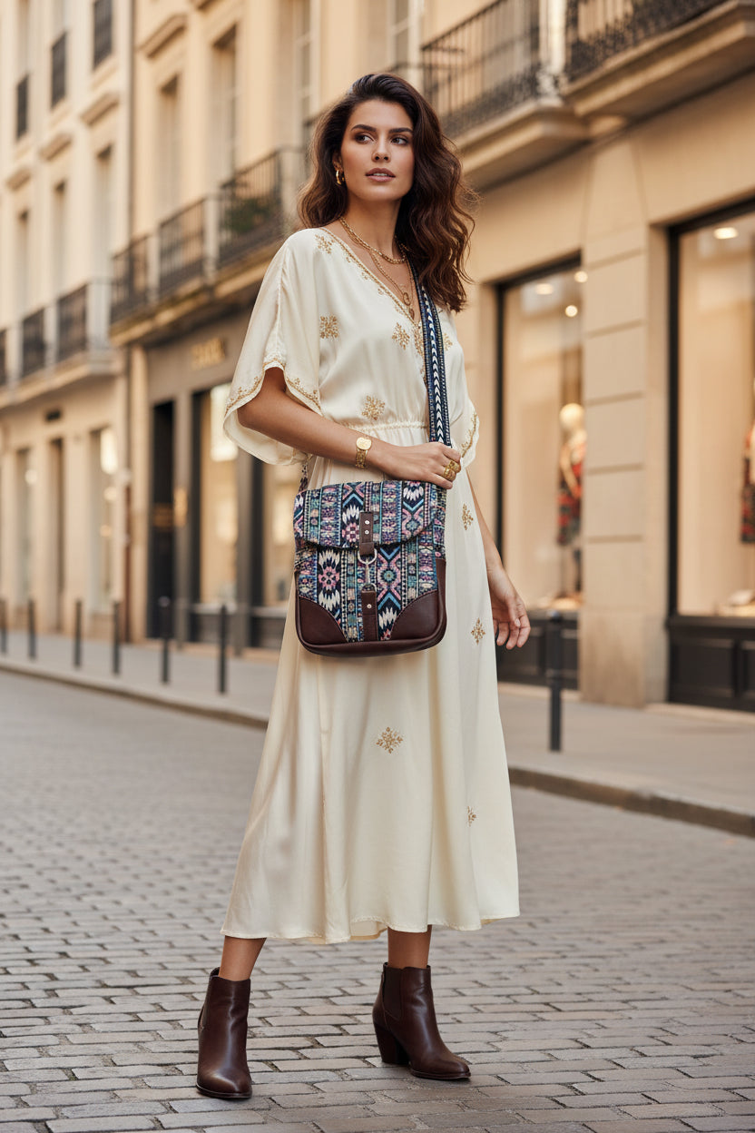 Boho Foldover Crossbody Bag – Tribal Tapestry & Leather