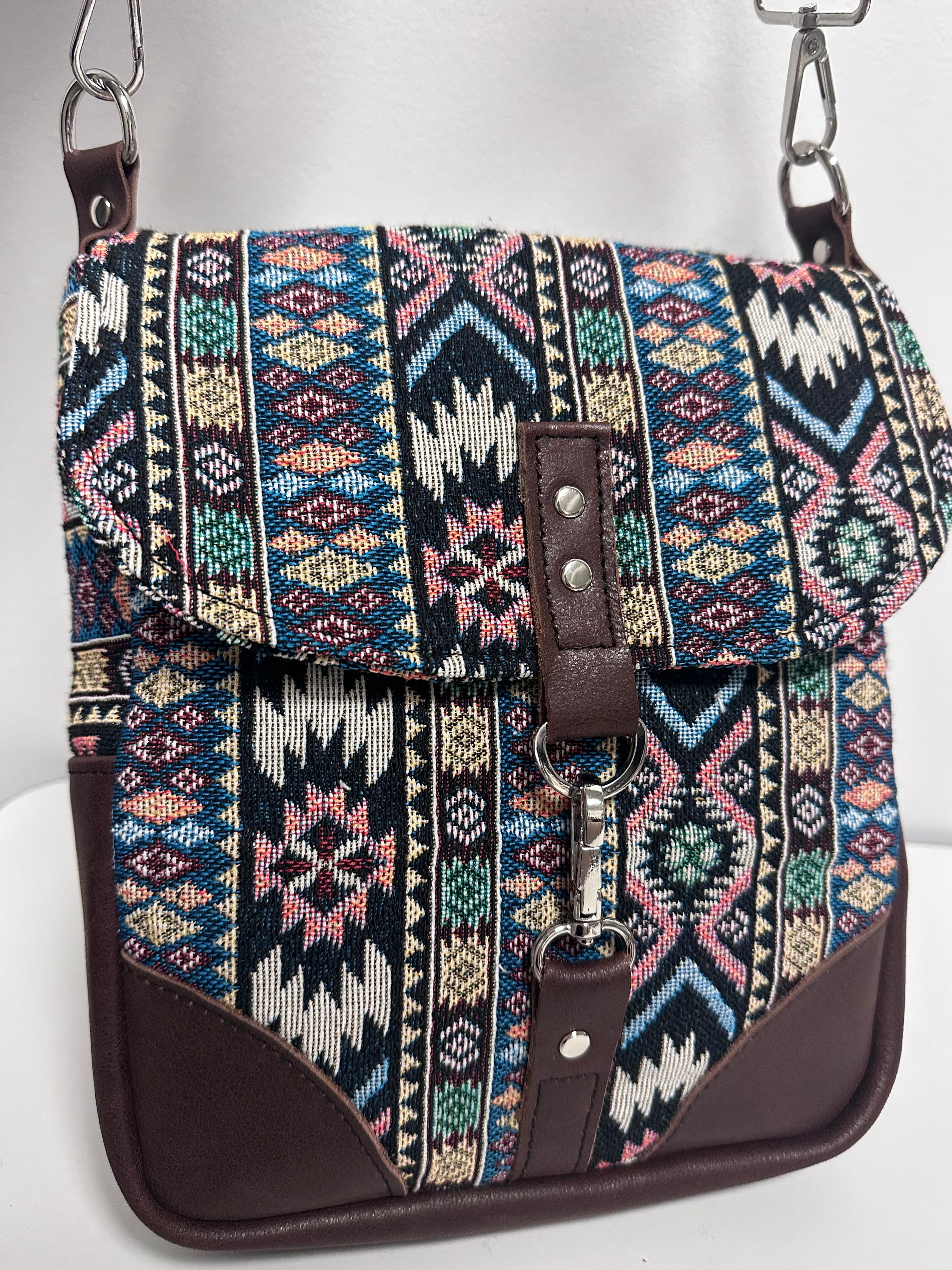 Boho Foldover Crossbody Bag – Tribal Tapestry & Leather