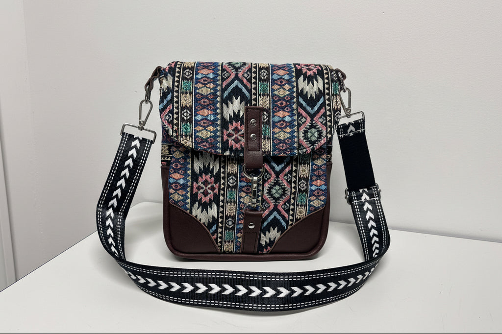 Boho Foldover Crossbody Bag – Tribal Tapestry & Leather