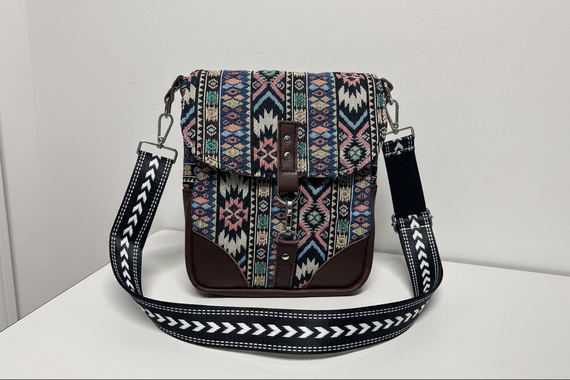 Boho Foldover Crossbody Bag – Tribal Tapestry & Leather