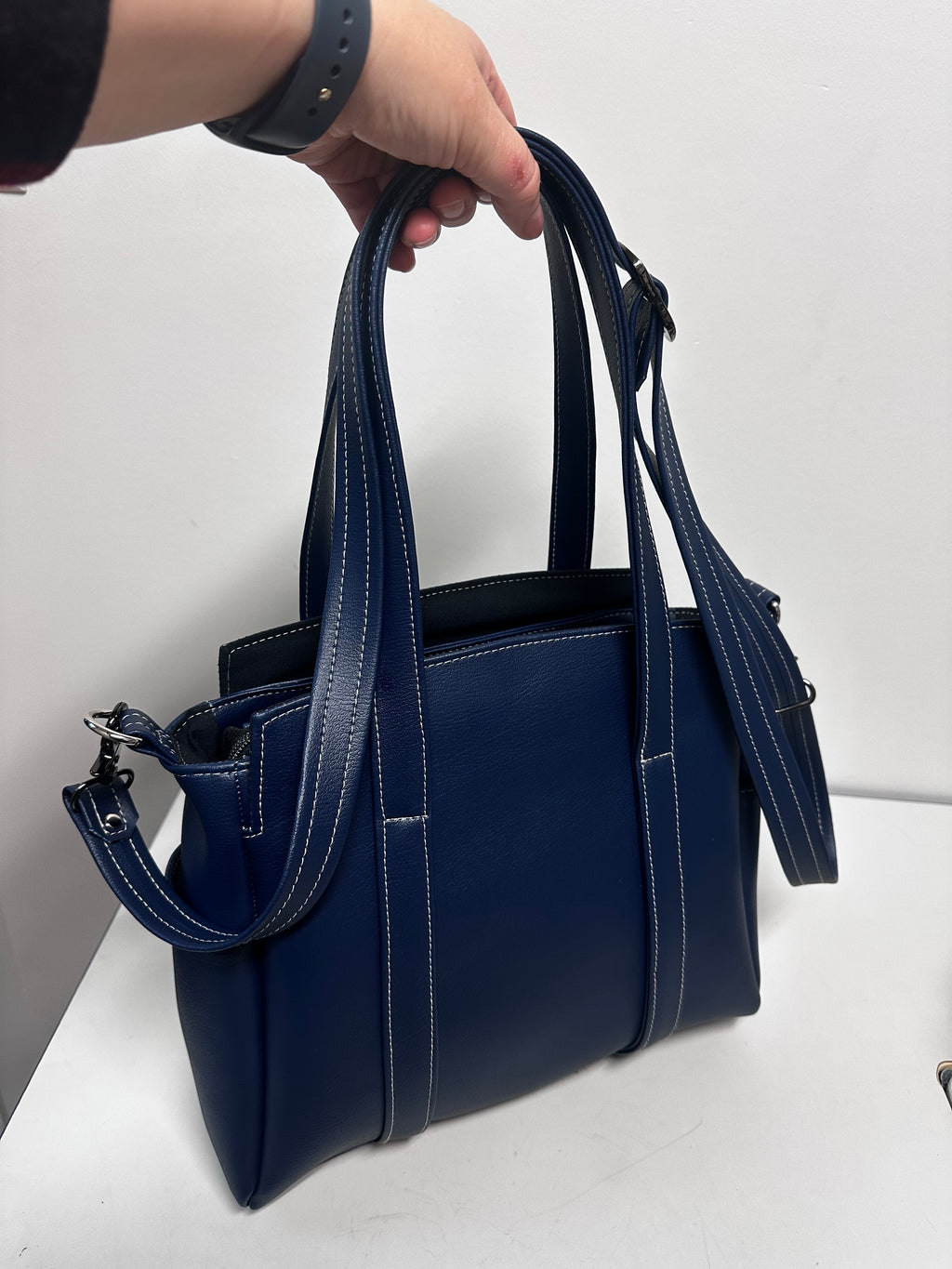 Navy Blue Faux Leather Handbag