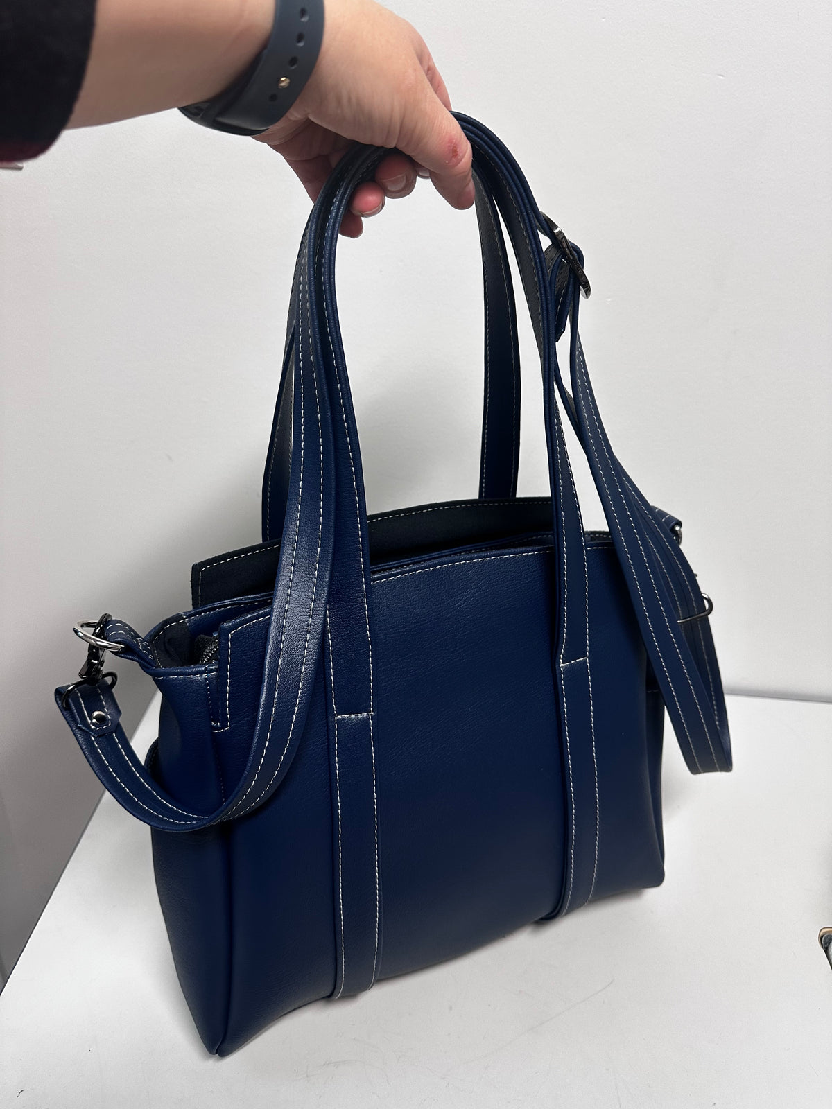 Navy Blue Faux Leather Handbag