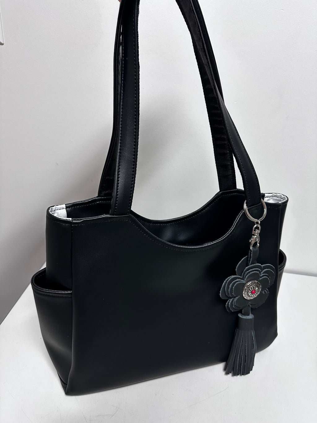 Black Faux Leather Tote Bag with Leather Flower & Tassel Charm