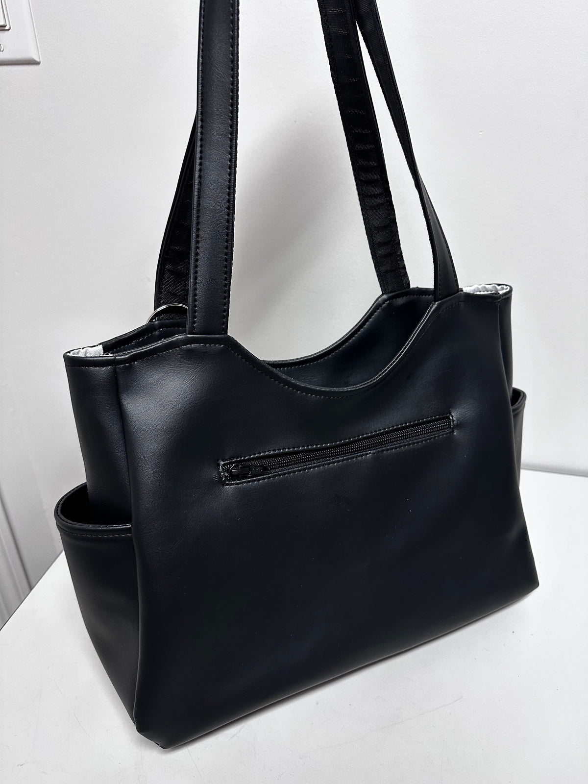 Black Faux Leather Tote Bag with Leather Flower & Tassel Charm