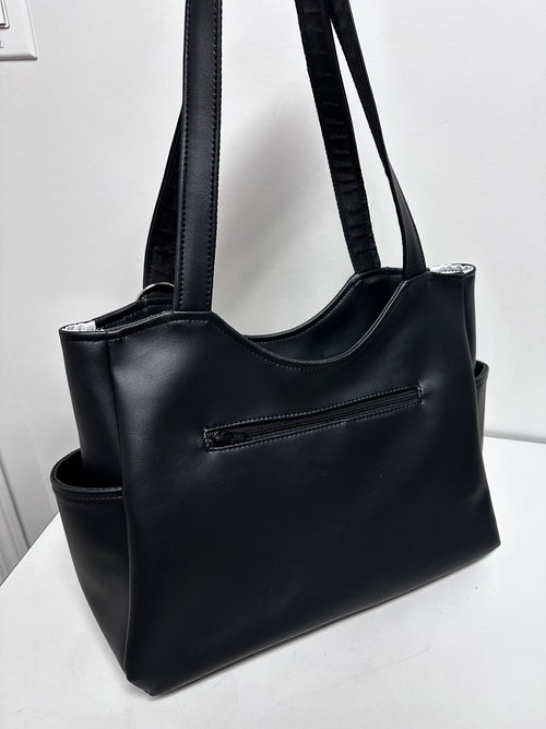 Black Faux Leather Tote Bag with Leather Flower & Tassel Charm