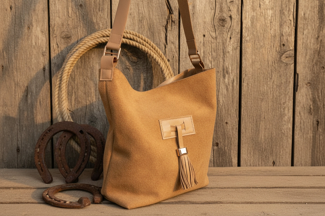 Brown leather handbag with a tassel on a wooden background
