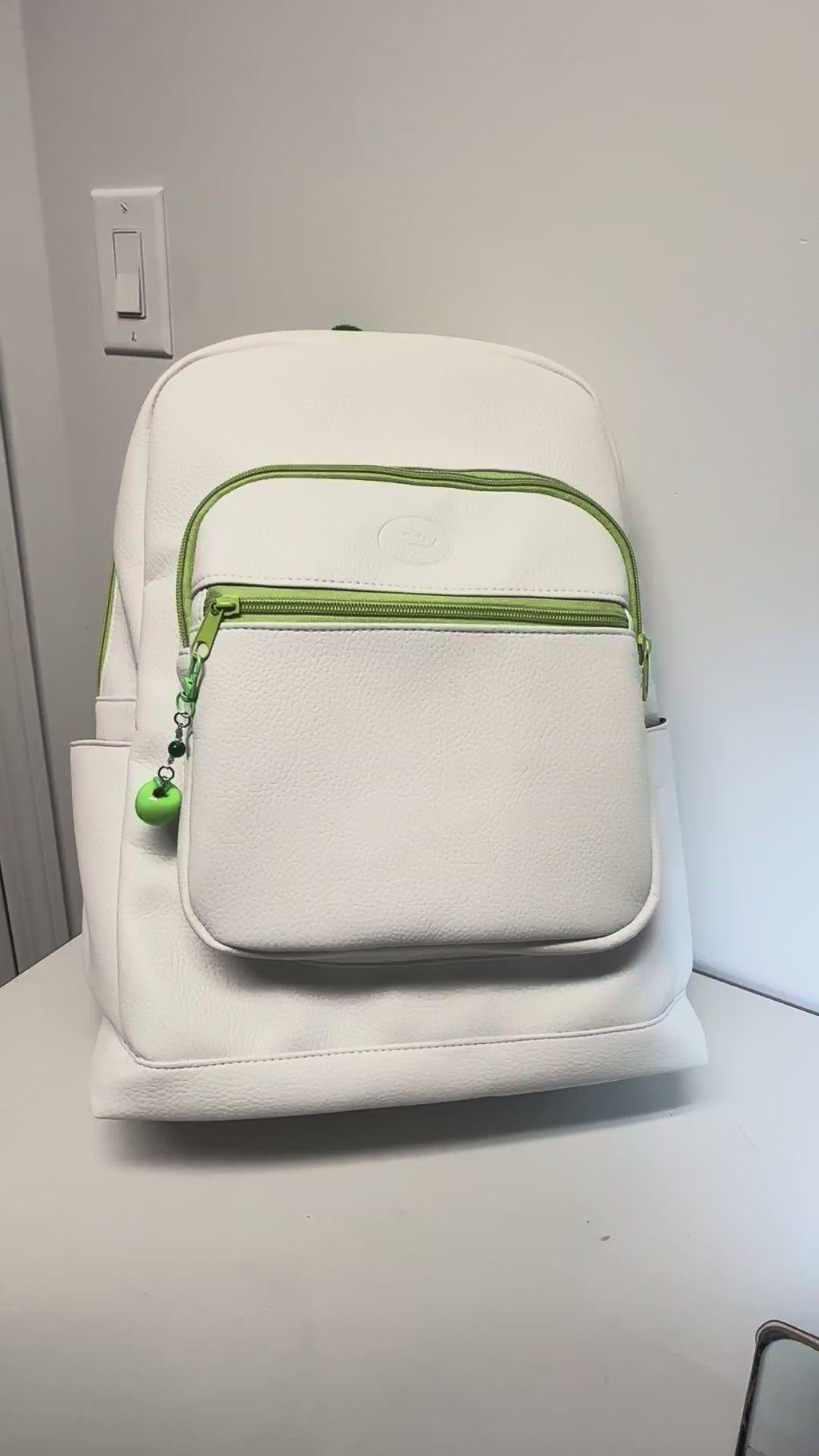 Handmade Large Backpack – White & Green Faux Leather Travel Backpack
