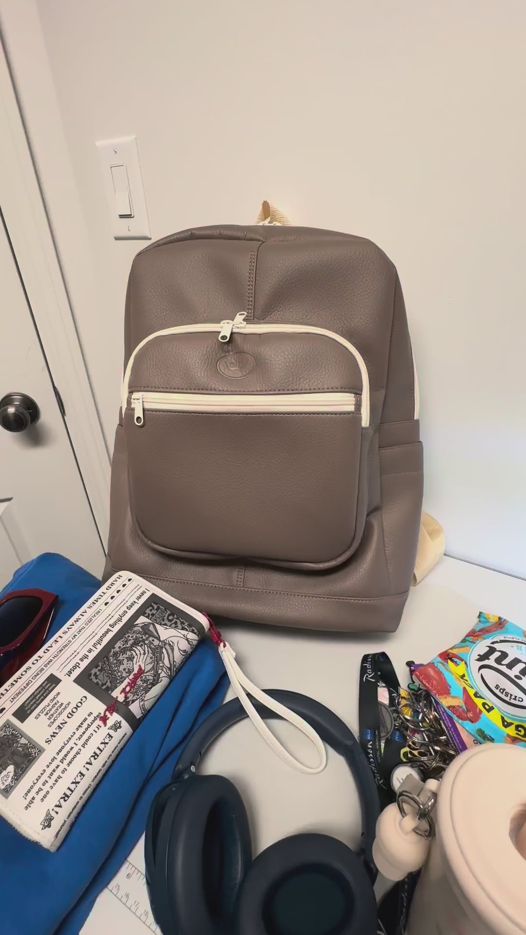 Handmade Large Backpack – Tan & Beige Faux Leather Travel Backpack