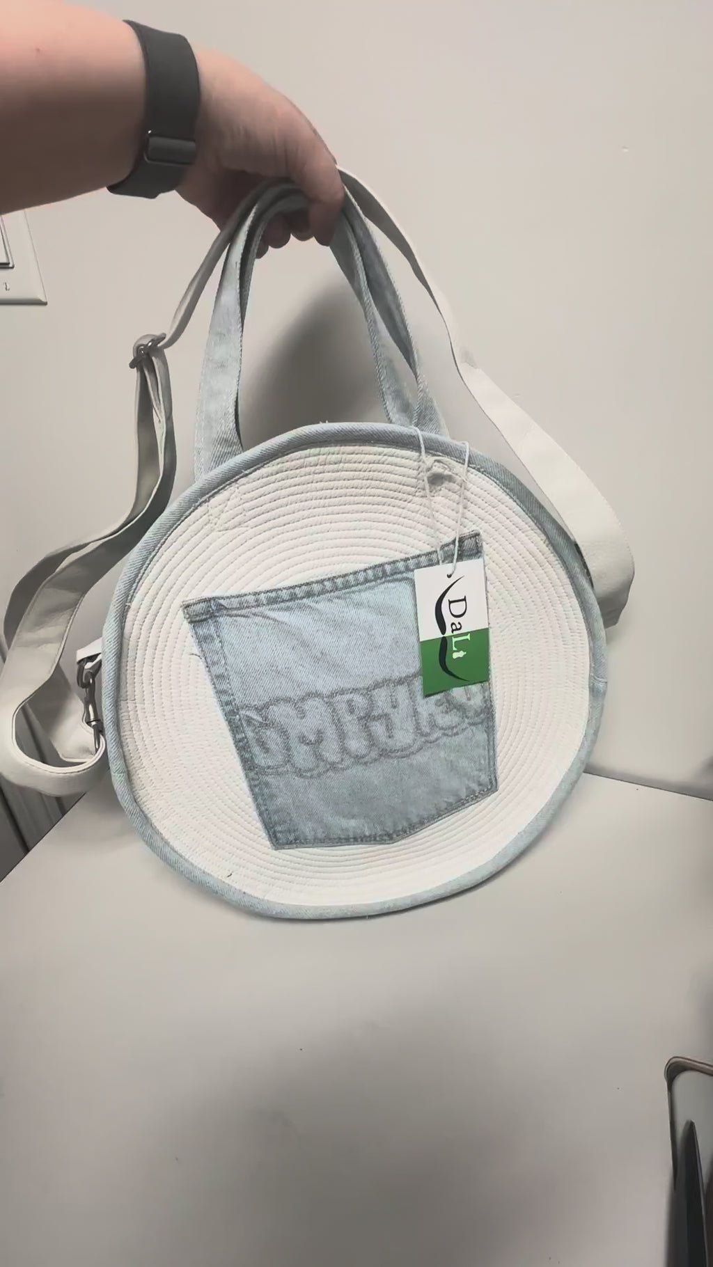 Handmade White and Denim Round Bag