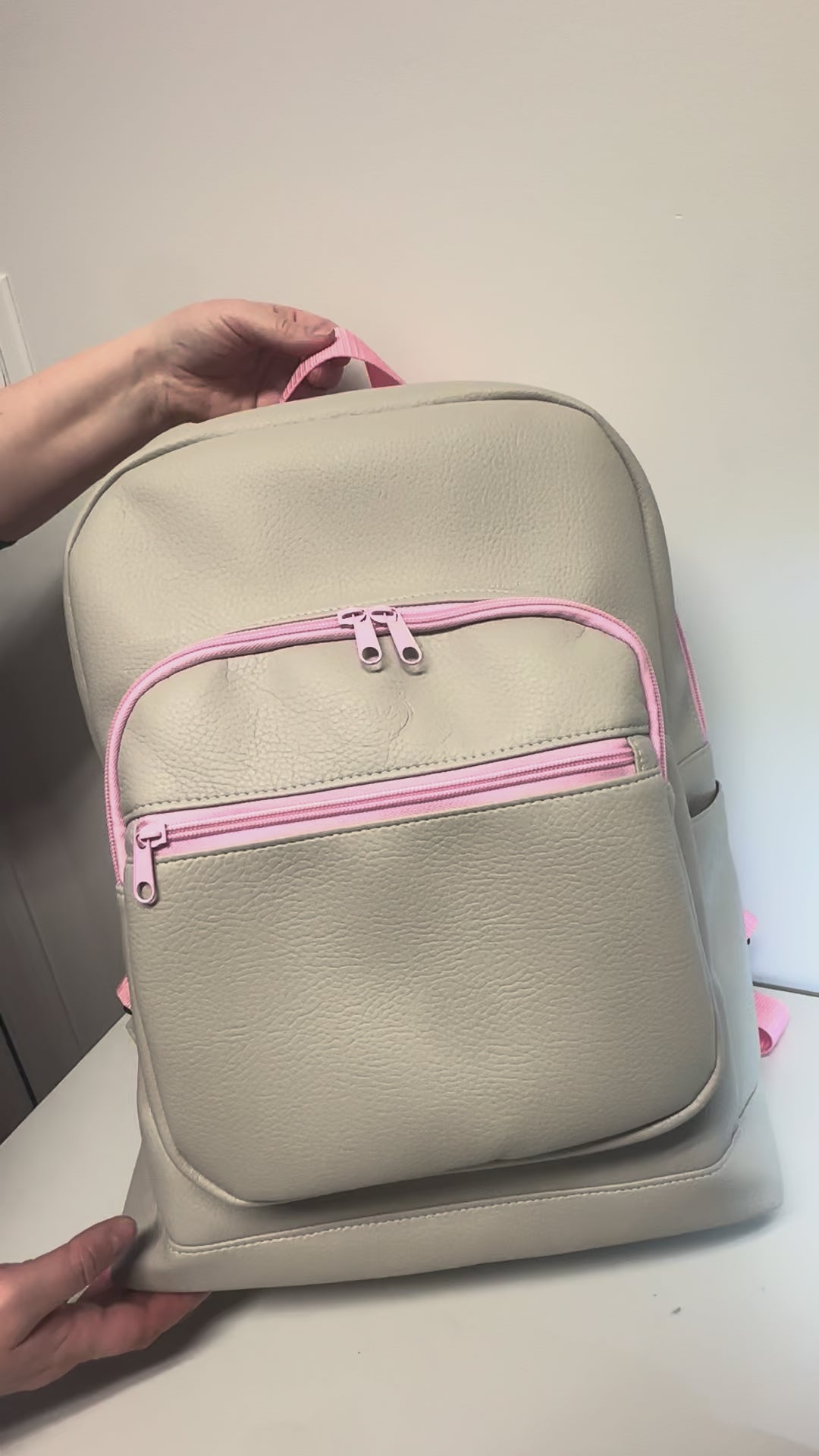 Handmade Large Faux Leather Backpack – Light Grey with Pink Accents
