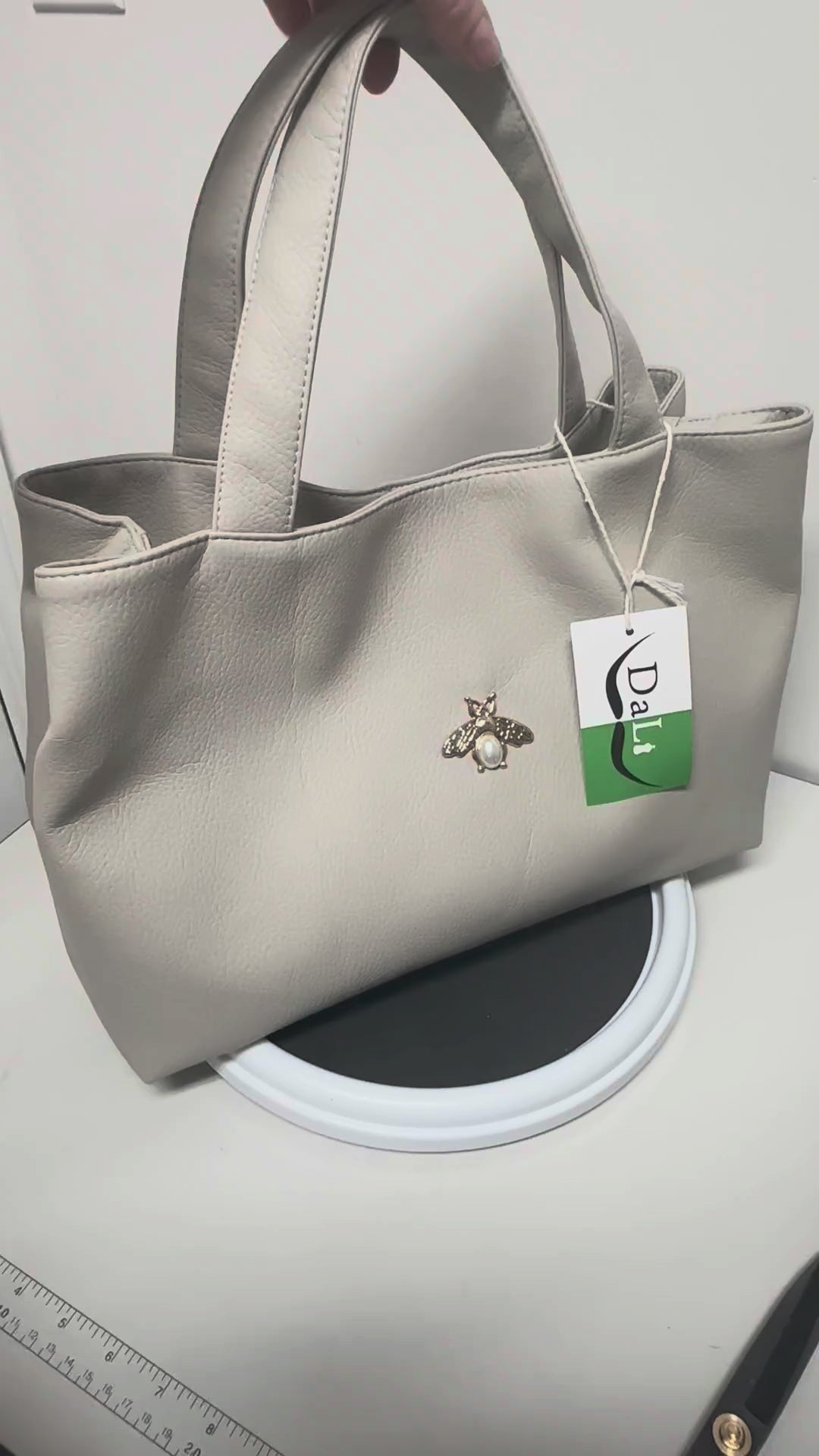 Light Grey Handmade Faux Leather Bag with Bee Detail